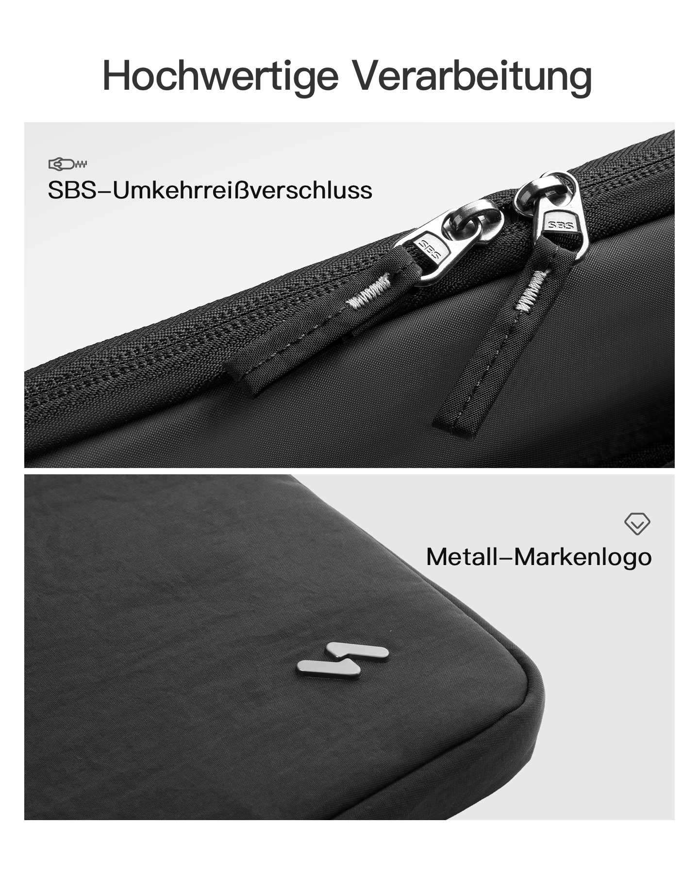 Detailaufnahme eines schwarzen Etuis mit SBS-Umkehrreißverschluss und einem Metall-Markenlogo.
