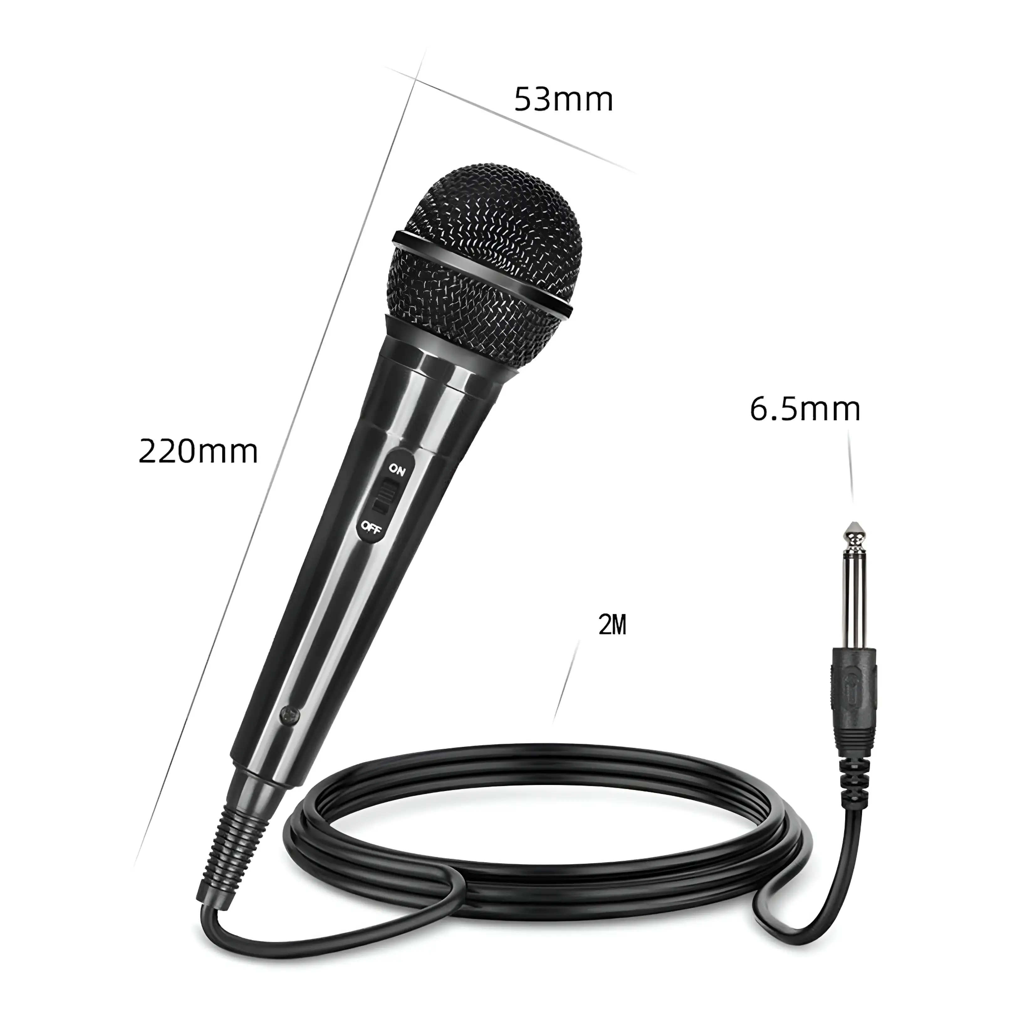 Ein schwarzes Kabelmikrofon mit Maßen: 220 mm Länge, 53 mm Kopfbreite, 2 m Kabel und einer 6,5 mm Klinke.