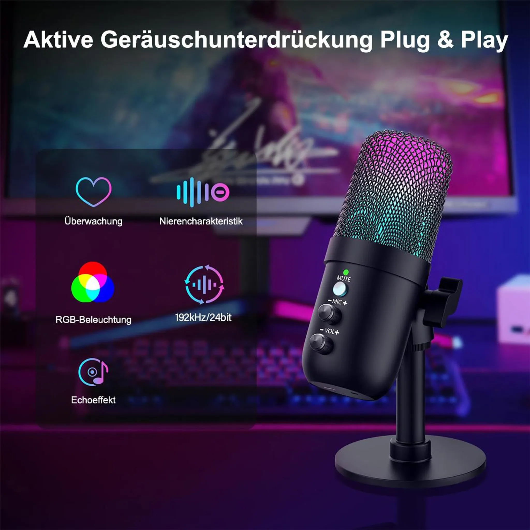 Ein schwarzes Gaming-Mikrofon mit RGB-Beleuchtung, Reglern und Stummschalttaste vor verschwommenem Hintergrund.