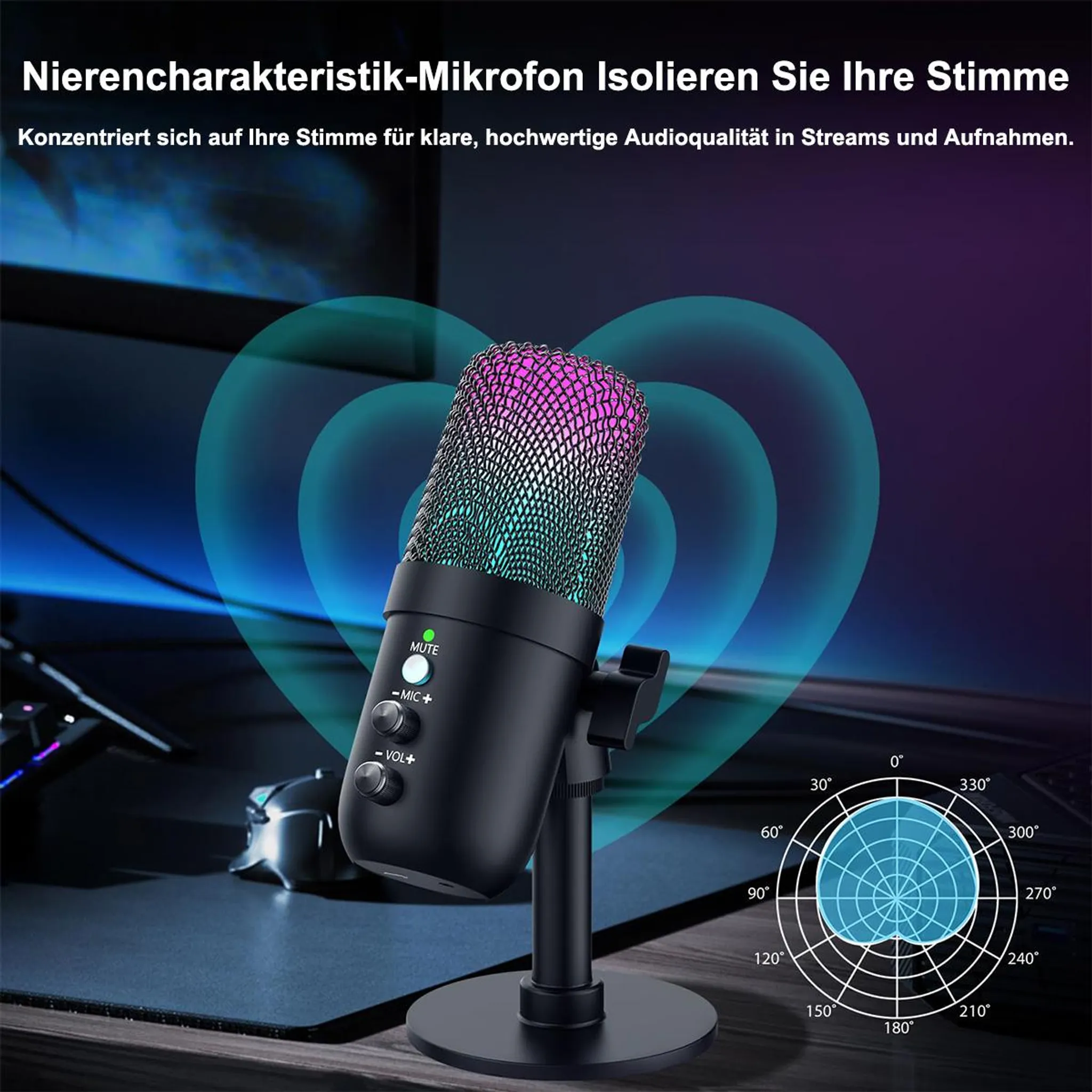Ein schwarzes USB-Mikrofon mit RGB-Beleuchtung und Nierencharakteristik auf einem Schreibtisch.