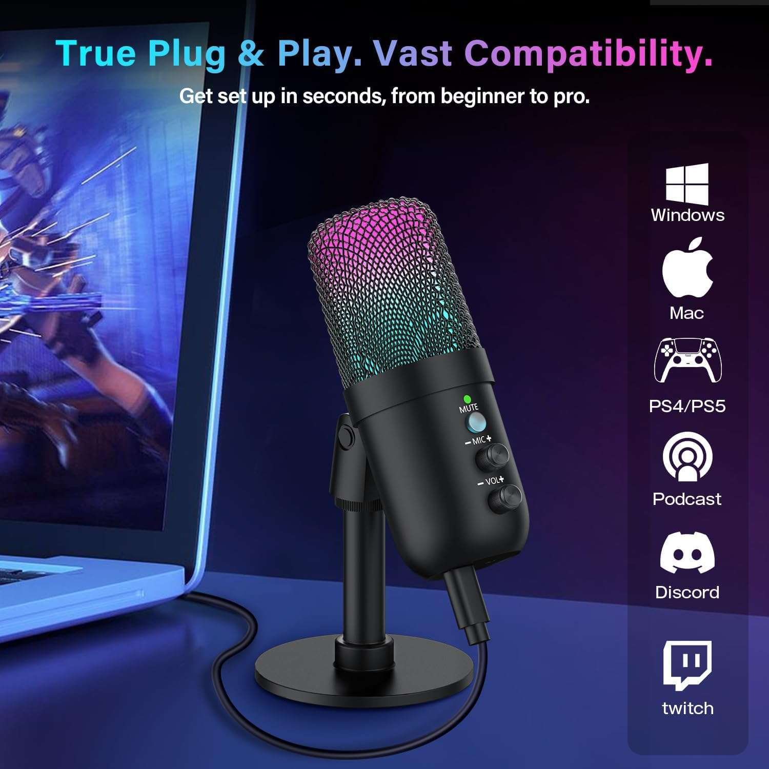 Ein schwarzes USB-Mikrofon mit RGB-Beleuchtung steht neben einem Laptop, mit Kompatibilitätssymbolen rechts.
