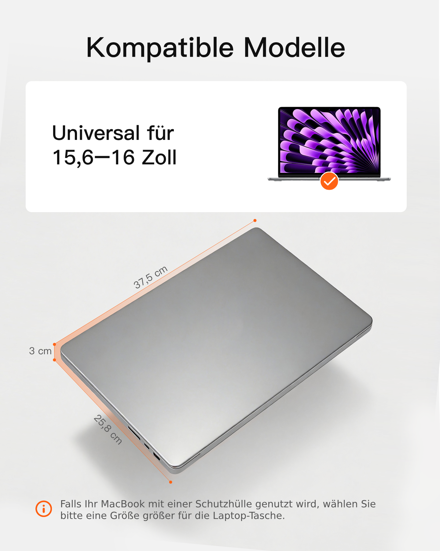 Laptop-Tasche für 15,6-16 Zoll mit Maßangaben: 37,5 cm Länge, 25,8 cm Breite und 3 cm Dicke.