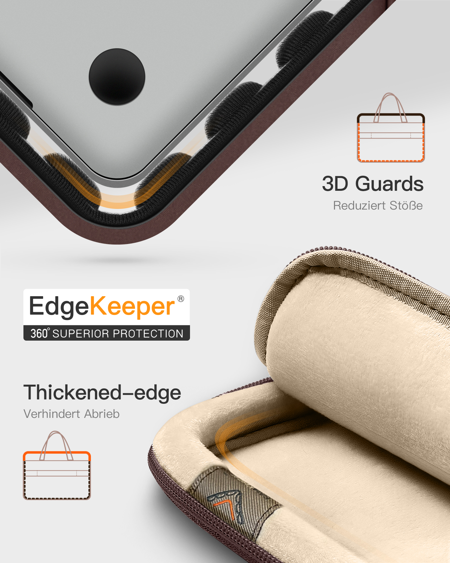 Laptop-Hülle mit EdgeKeeper-Schutz, 3D-Guards und verdicktem Rand für mehr Sicherheit.