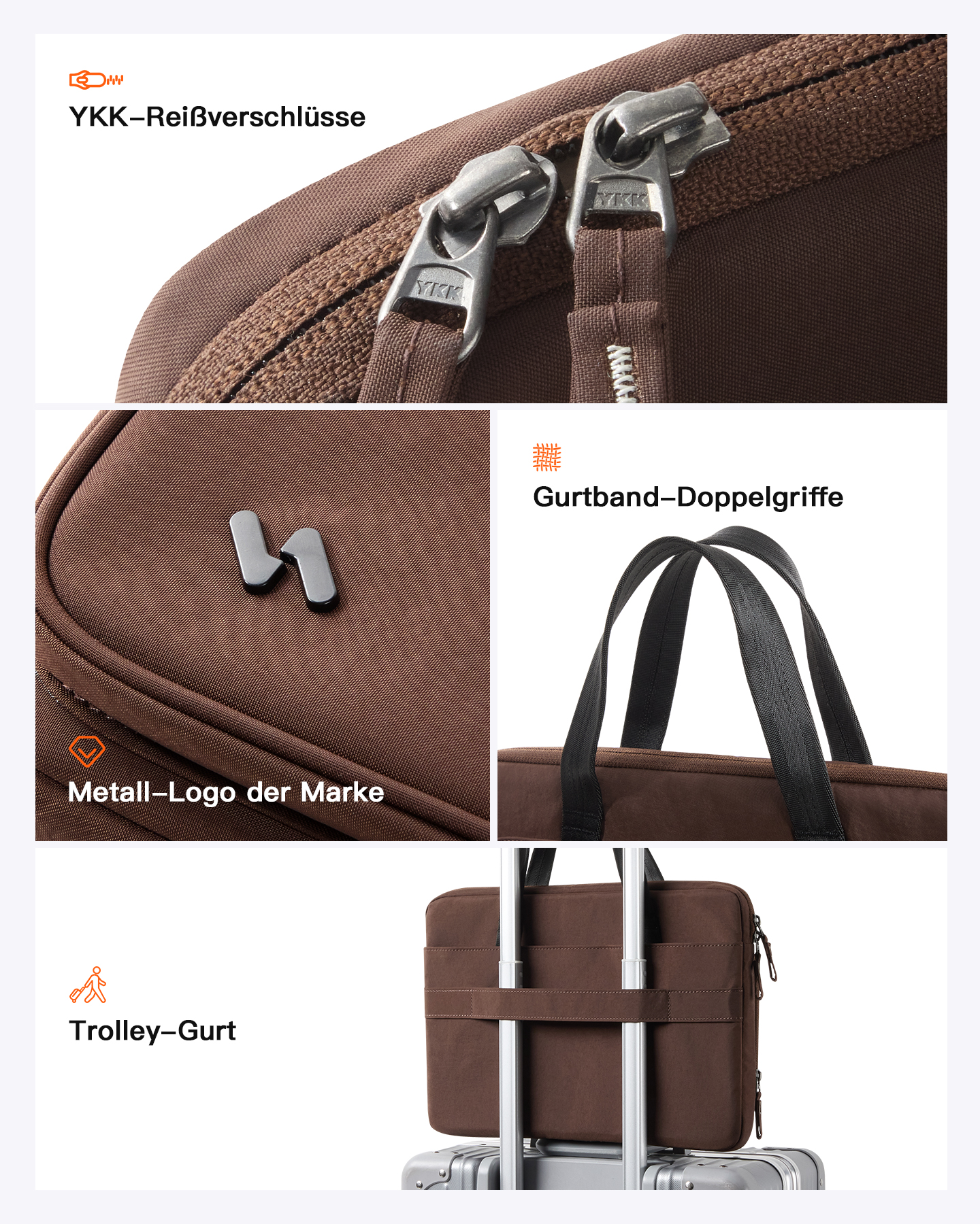 Details einer braunen Tasche: Reißverschlüsse, Metalllogo, Stoffgriffe und Trolley-Halterung.