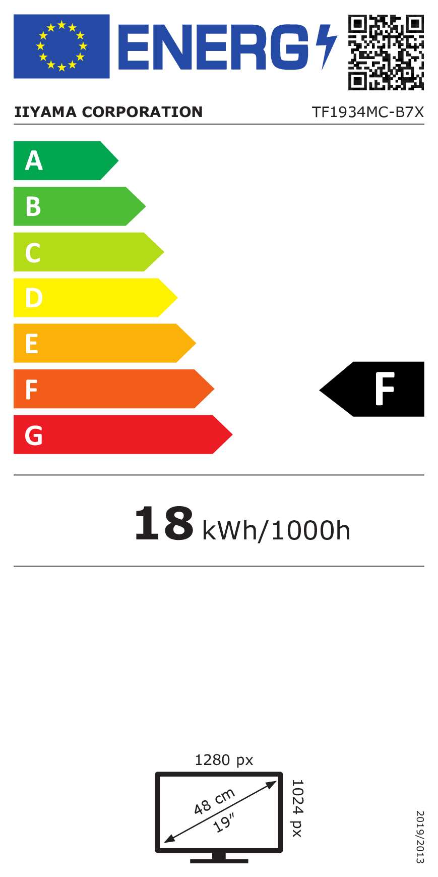 La etiqueta energética muestra la clase F y 18 kWh/1000h de consumo para una pantalla de 19 pulgadas.