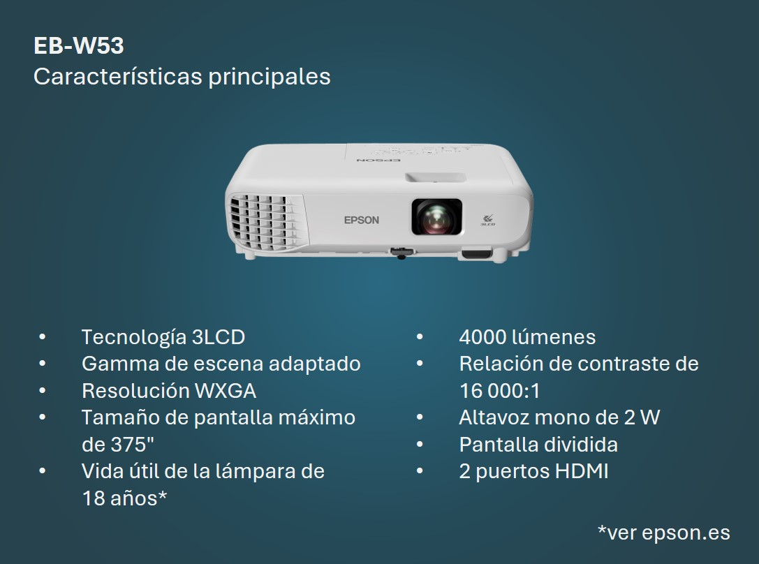 Vista general del proyector Epson EB-W53 con características principales sobre fondo azul.