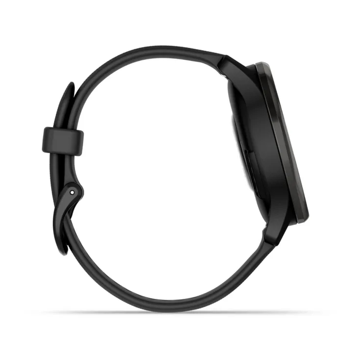 Vista laterale di uno smartwatch nero con quadrante rotondo e cinturino in gomma su sfondo bianco.
