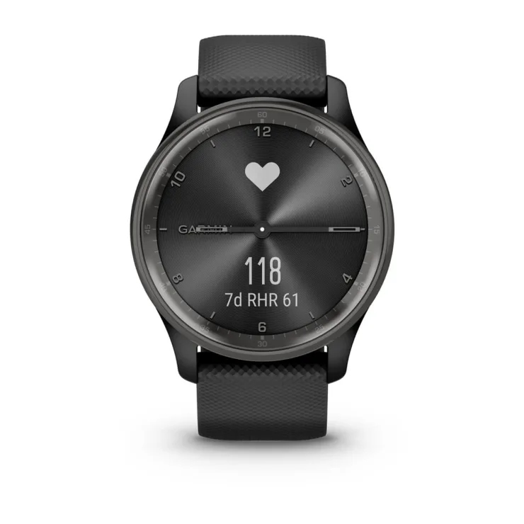 Smartwatch Garmin nero con display grigio che mostra la frequenza cardiaca e l'ora in testo bianco.