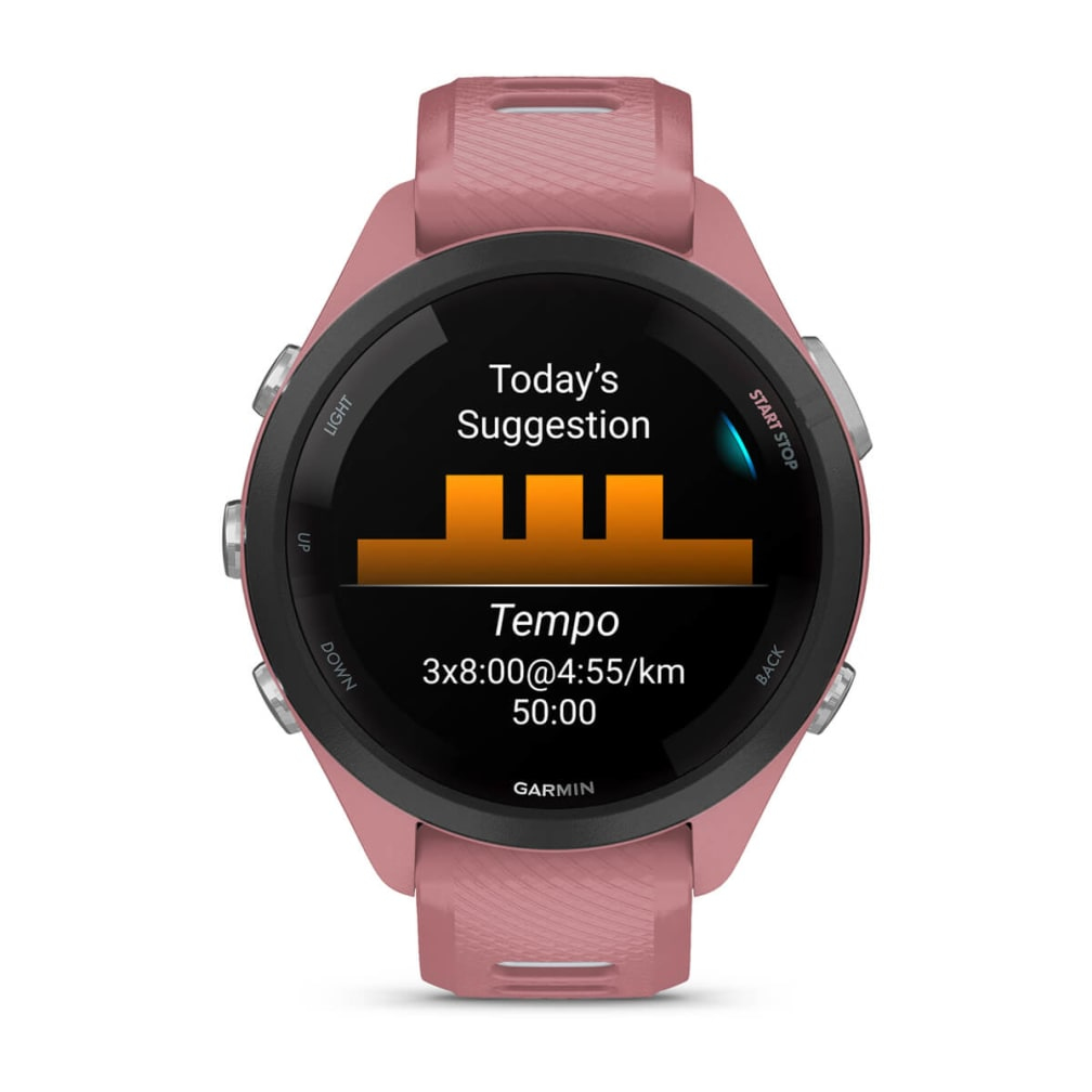 Orologio sportivo rosa che mostra un suggerimento di allenamento per il ritmo.