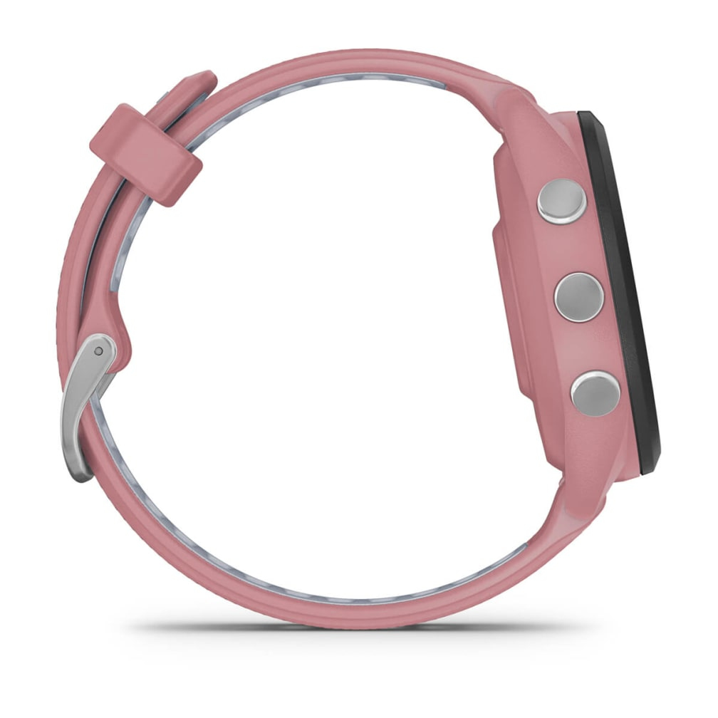 Vista laterale di un orologio sportivo rosa con tre pulsanti argentati e una ghiera nera.