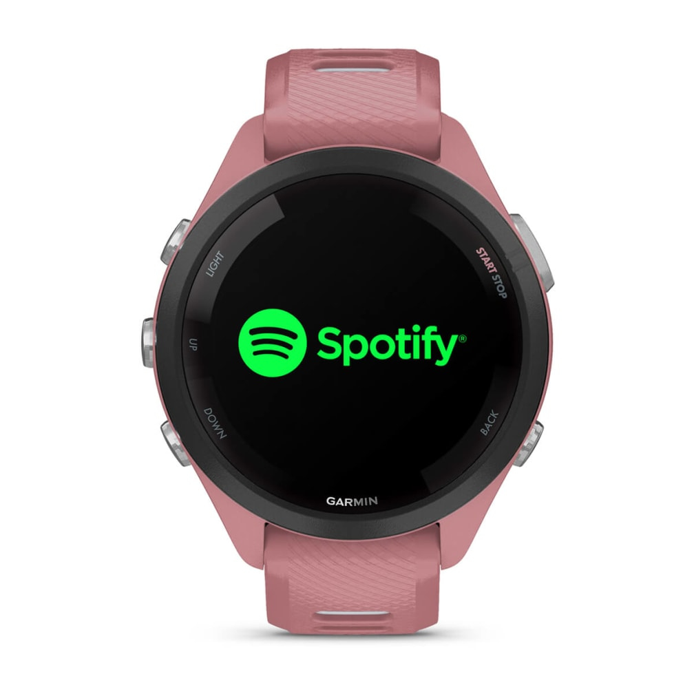 Orologio sportivo Garmin rosa con logo Spotify sullo schermo digitale nero e pulsanti.