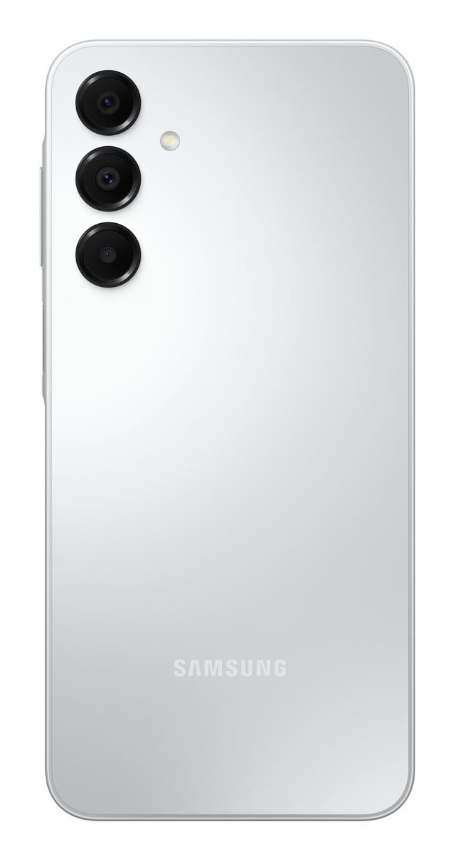 Parte trasera de un smartphone Samsung plateado con tres cámaras alineadas verticalmente y el logotipo de Samsung.