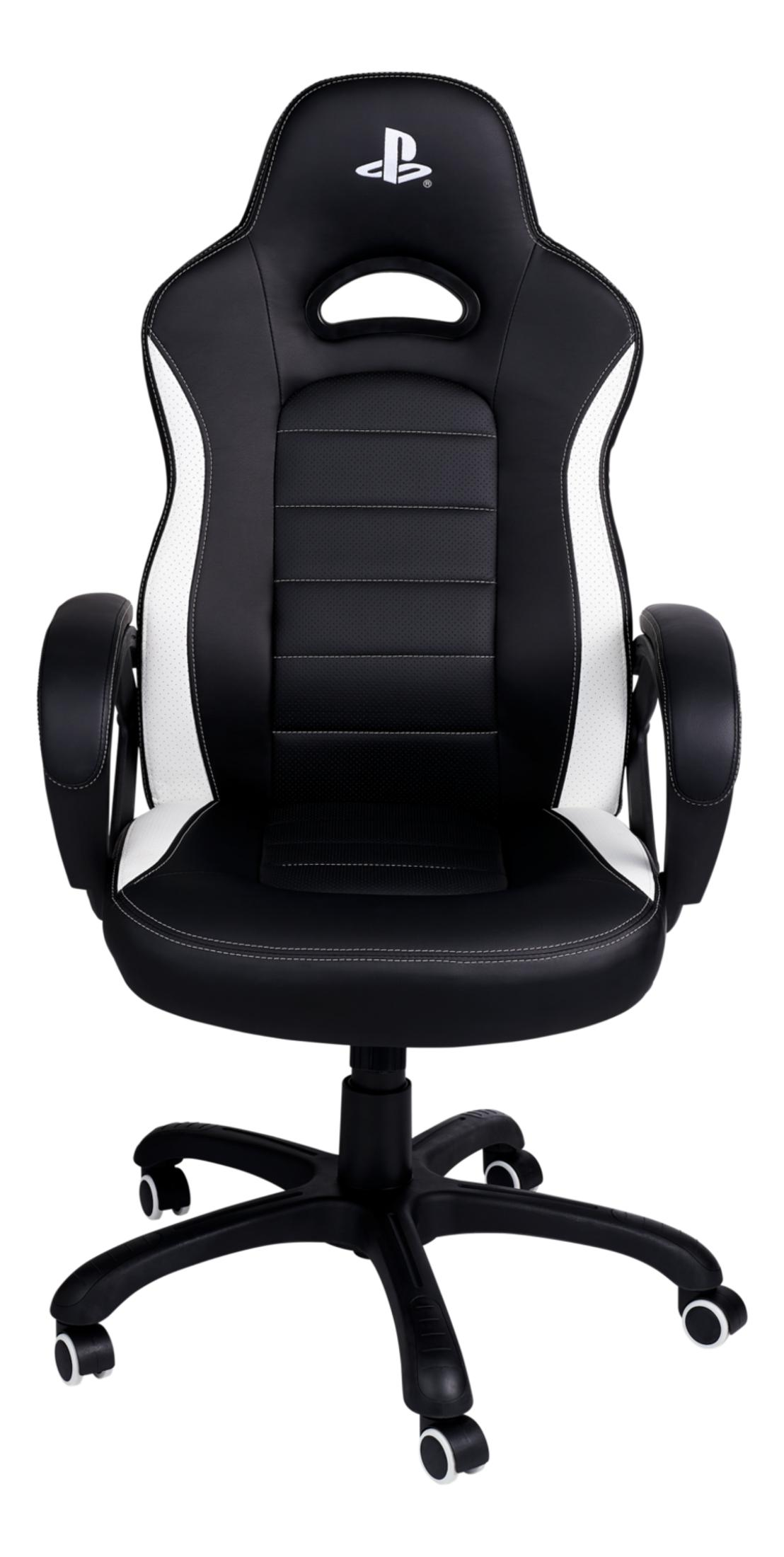 Silla de juego negra con detalles blancos, reposabrazos y logotipo de PlayStation.