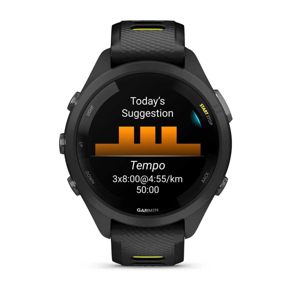 Schwarze Garmin-Sportuhr mit digitalem Display, das ein heutiges Vorschlag-Tempo-Training anzeigt.