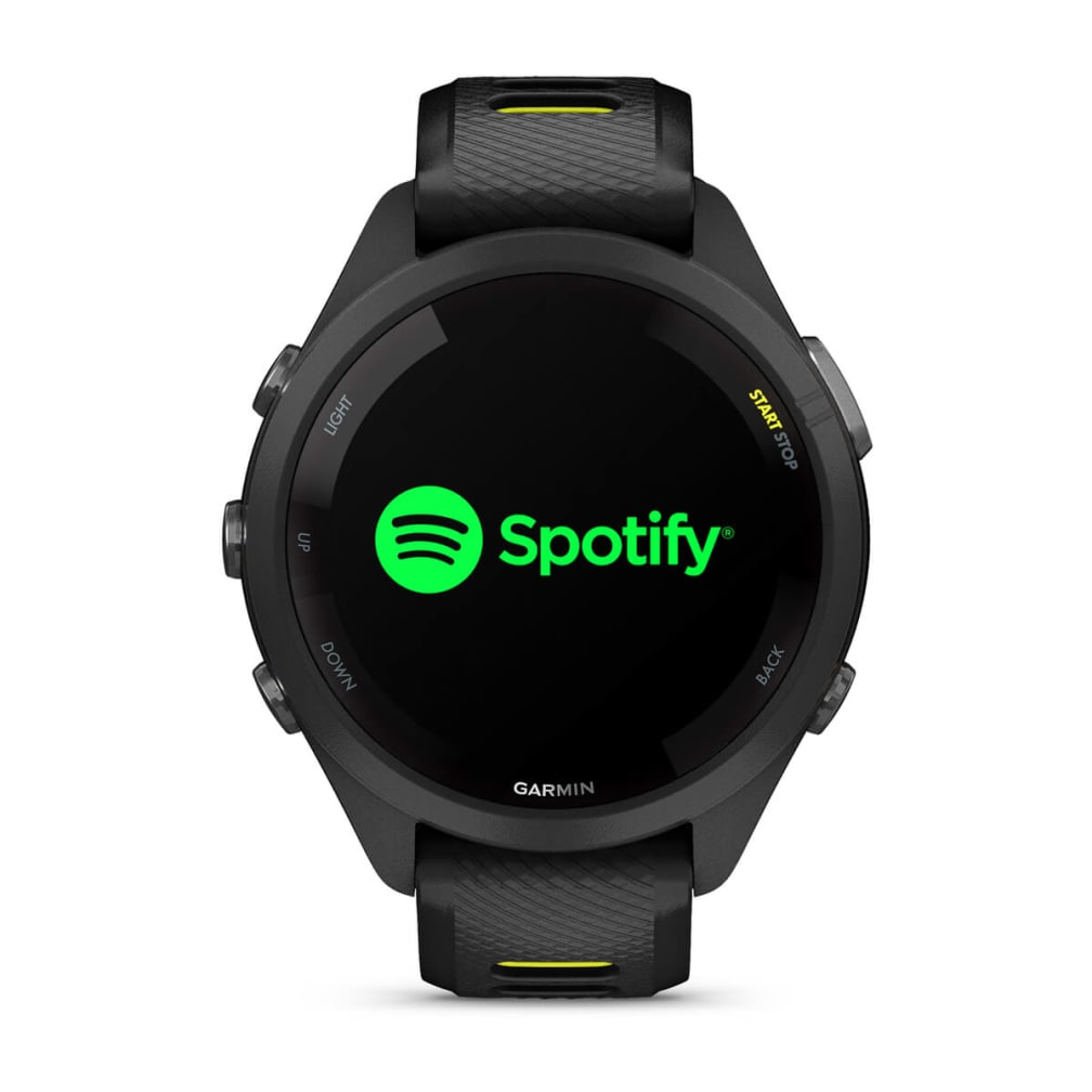 Eine schwarze Garmin-Sportuhr mit grünem Spotify-Logo auf dem Display.