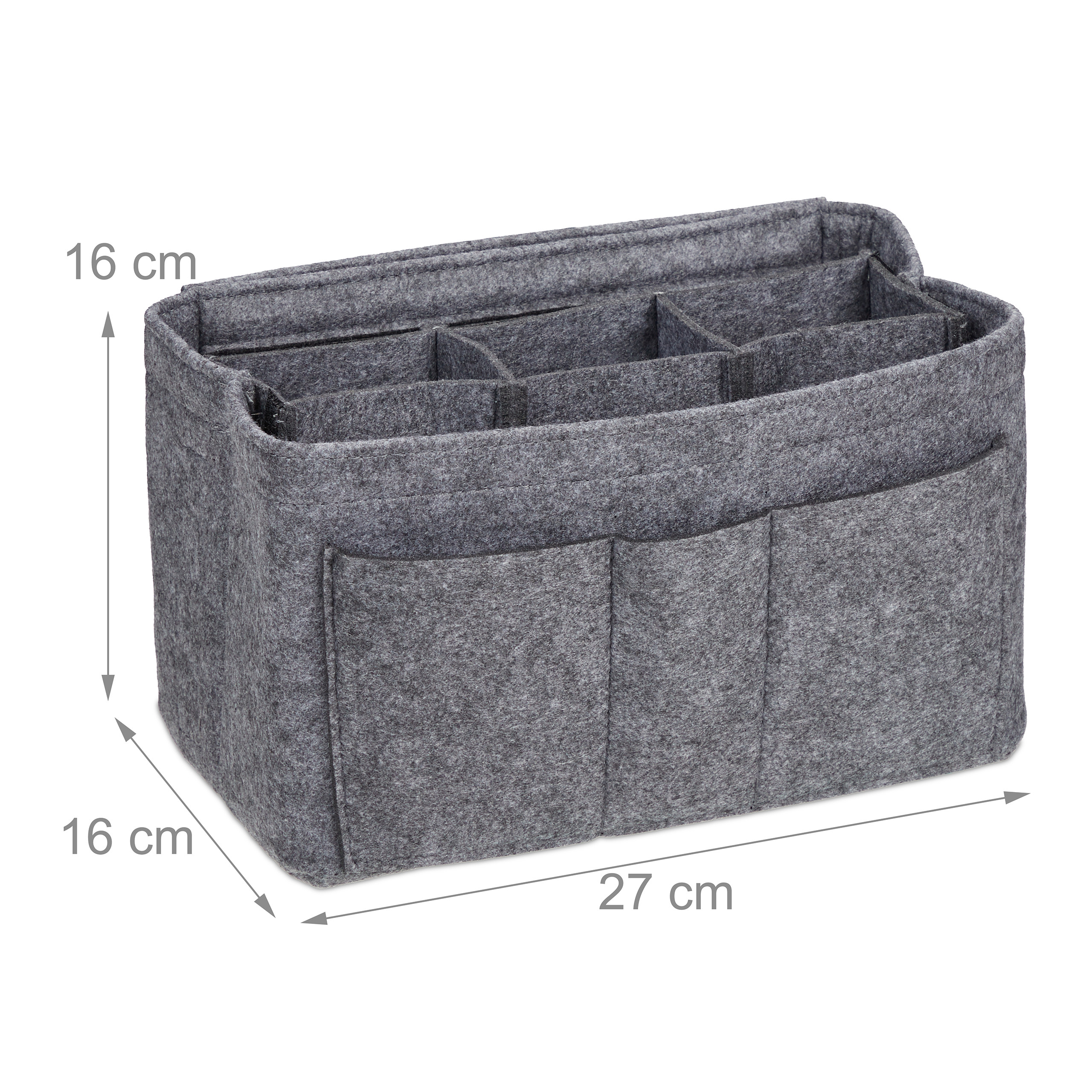 Grauer Filz-Handtaschenorganizer mit mehreren Fächern und Maßen.