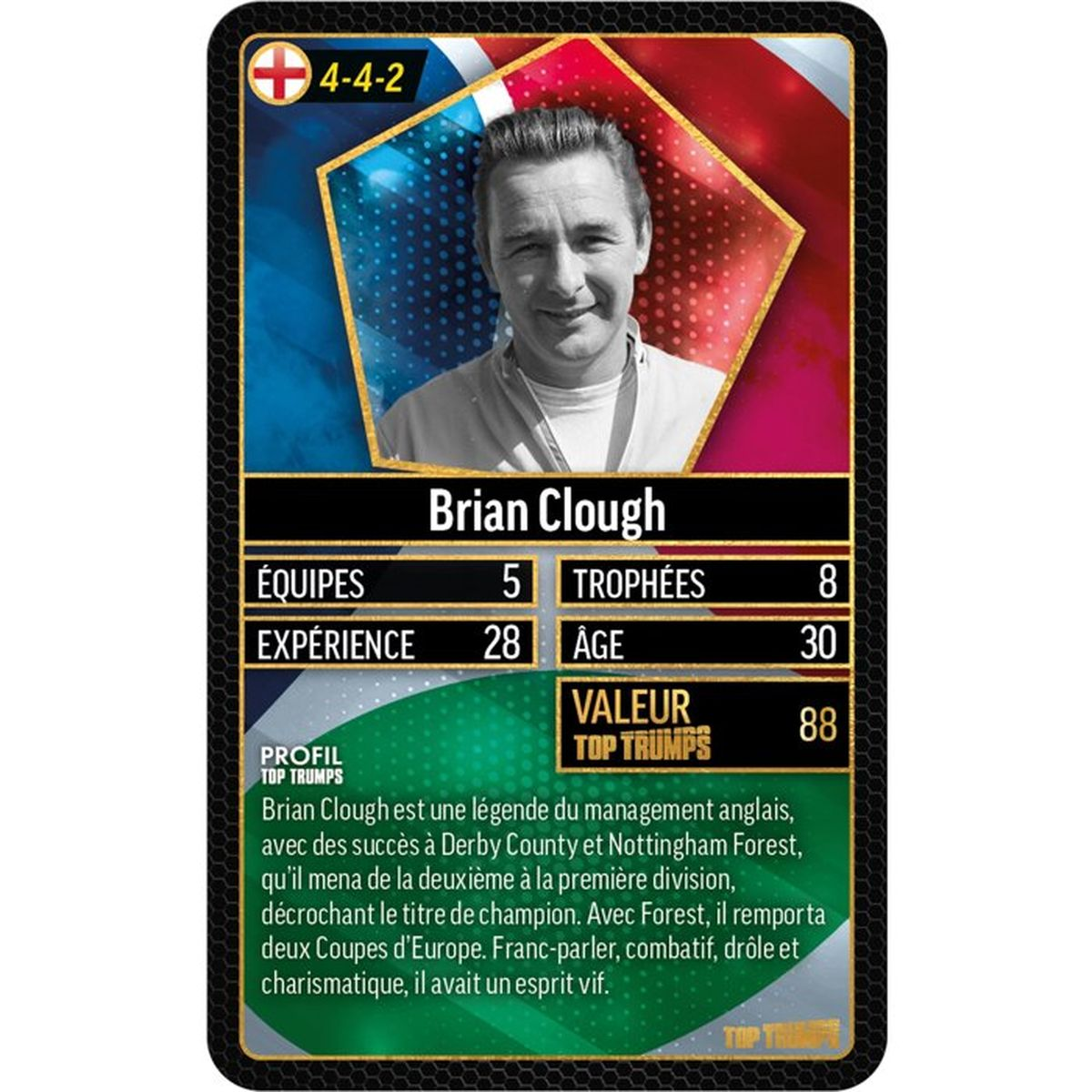 Sammelkarte von Brian Clough mit Foto, Statistiken und französischem Text auf grünem Hintergrund.