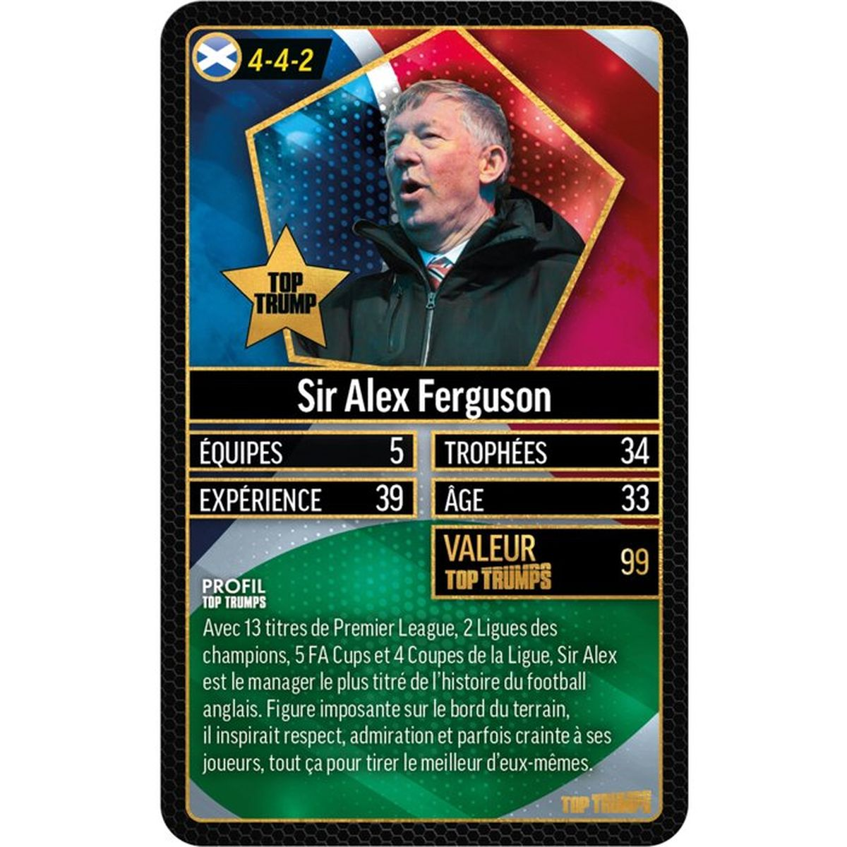 Top-Trumps-Sammelkarte von Sir Alex Ferguson mit Statistiken und Profiltext auf Französisch.