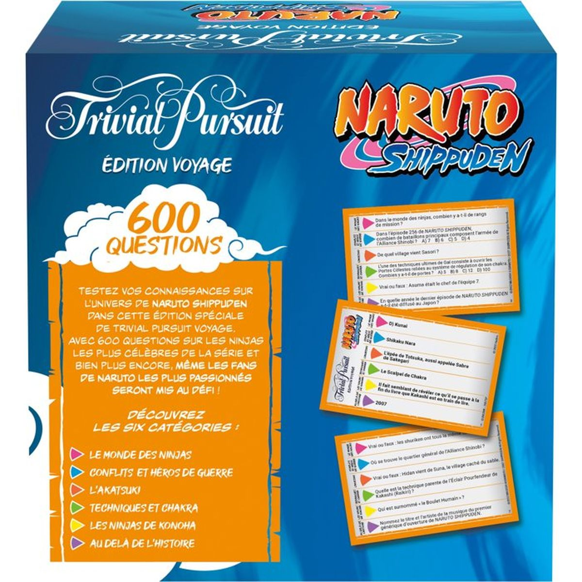 Blaue Trivial Pursuit Naruto Shippuden Edition Spielebox mit Fragekarten.