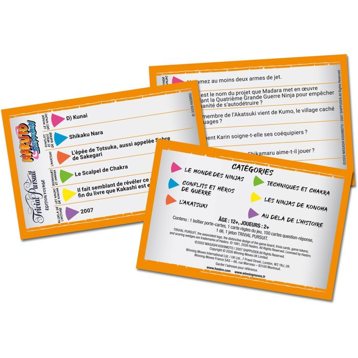 Drei orange Trivial Pursuit Naruto Edition Trivia-Karten mit französischen Fragen und Kategorien liegen aufgefächert.