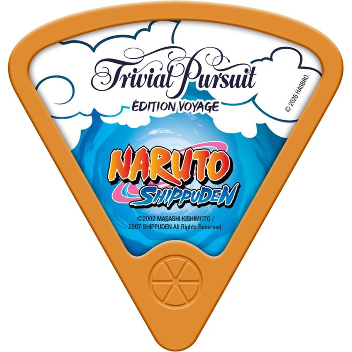 Trivial Pursuit Edition Voyage Naruto Shippuden dreieckiger gelber Halter mit blauem Hintergrund und Wolken.