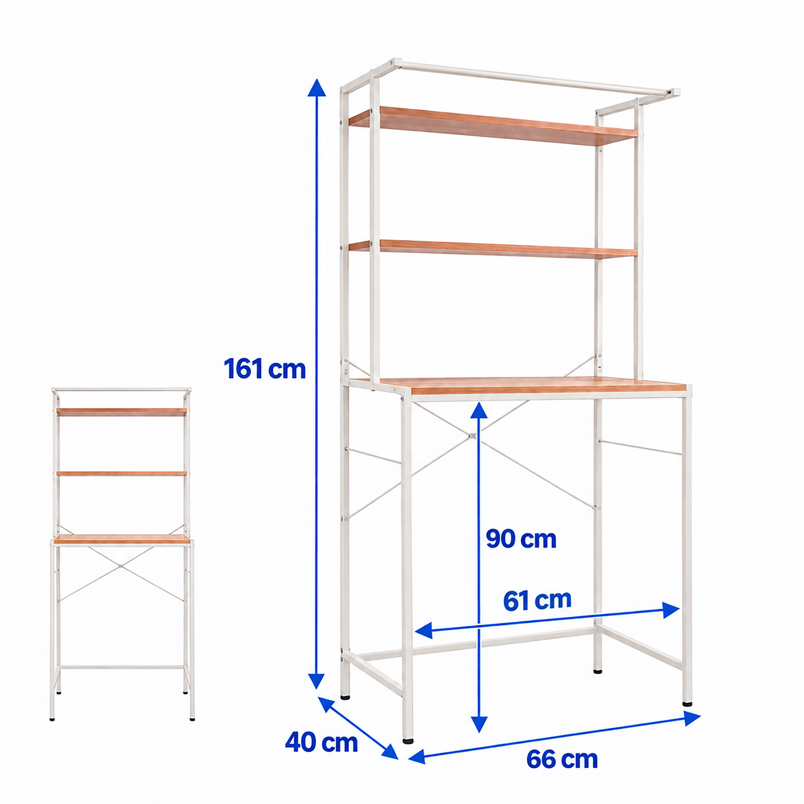 Diagramm eines weißen Metallregals mit Holzbrettern und blauen Maßangaben auf weißem Hintergrund.