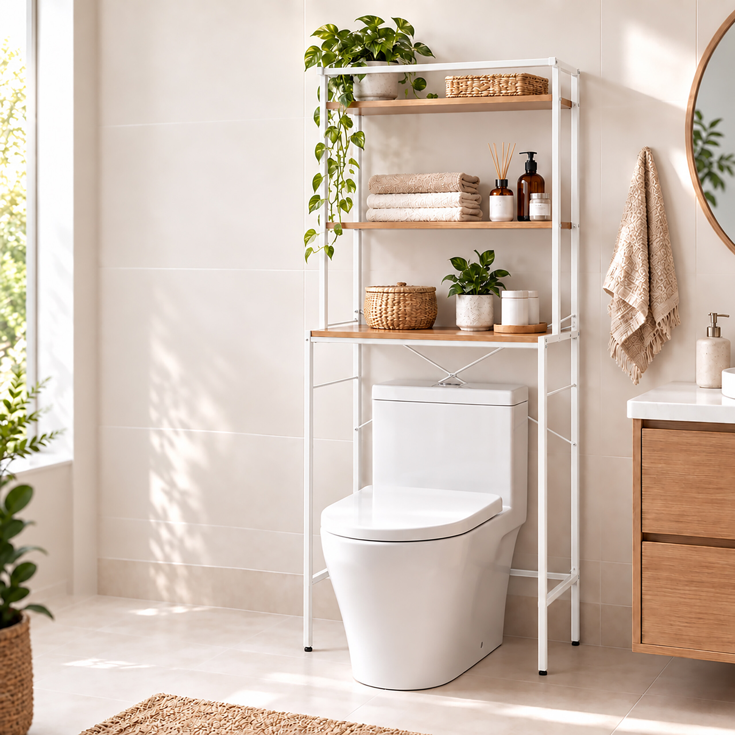 Ein weißes Toilettenregal mit Holzböden steht über der Toilette und ist mit Handtüchern und Pflanzen dekoriert.