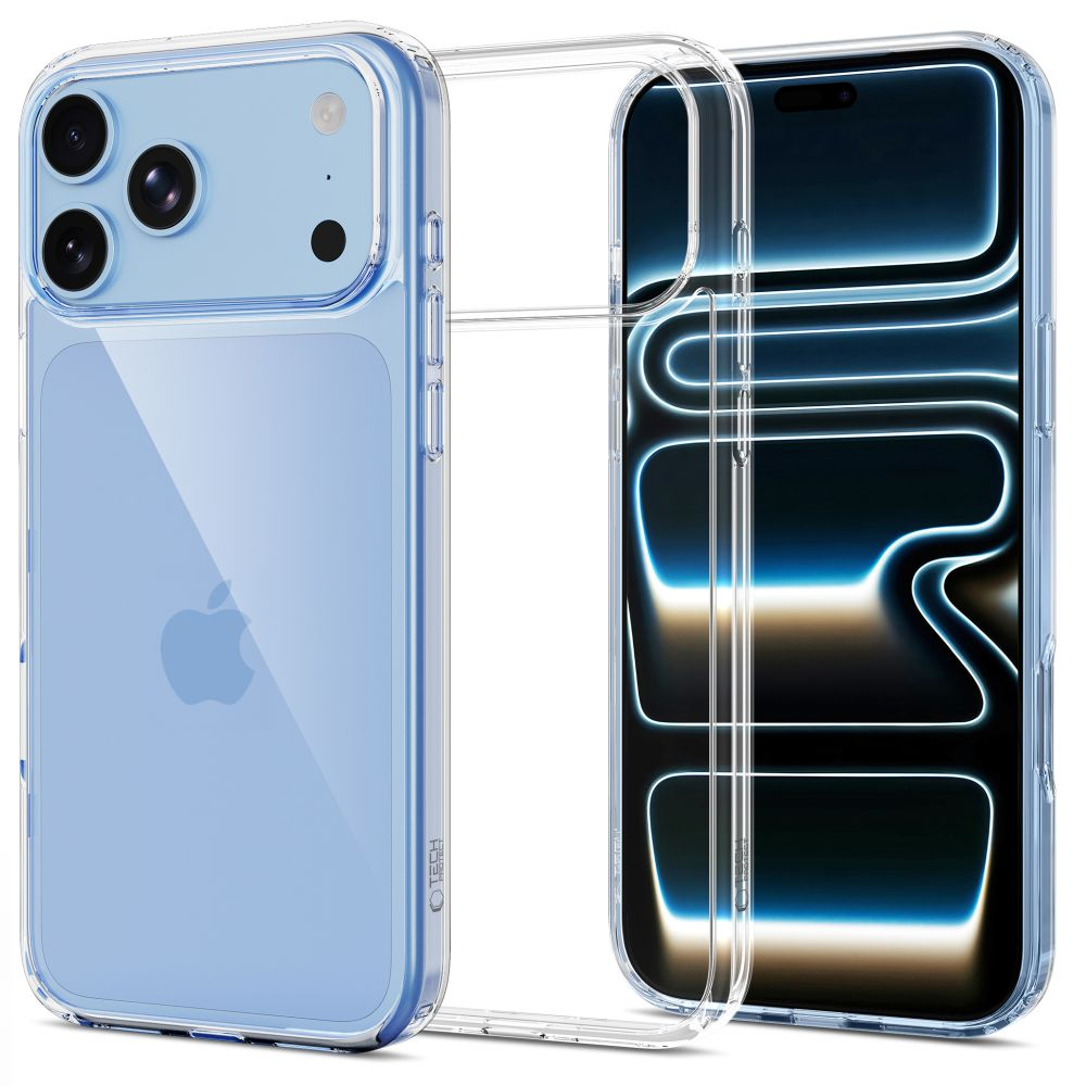 Blaue iPhone mit transparenter Schutzhülle von hinten und vorne gezeigt.
