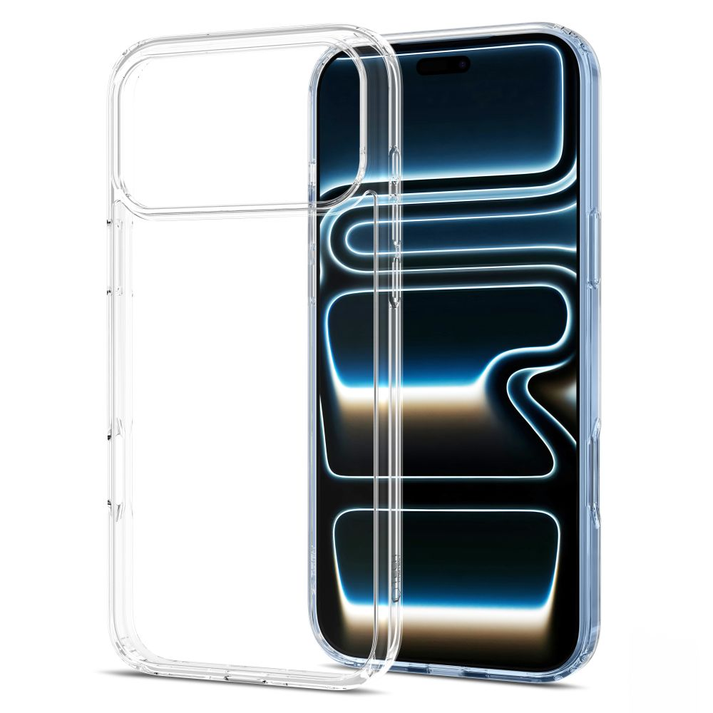 Ein Smartphone mit einer transparenten Schutzhülle steht auf weißem Hintergrund.