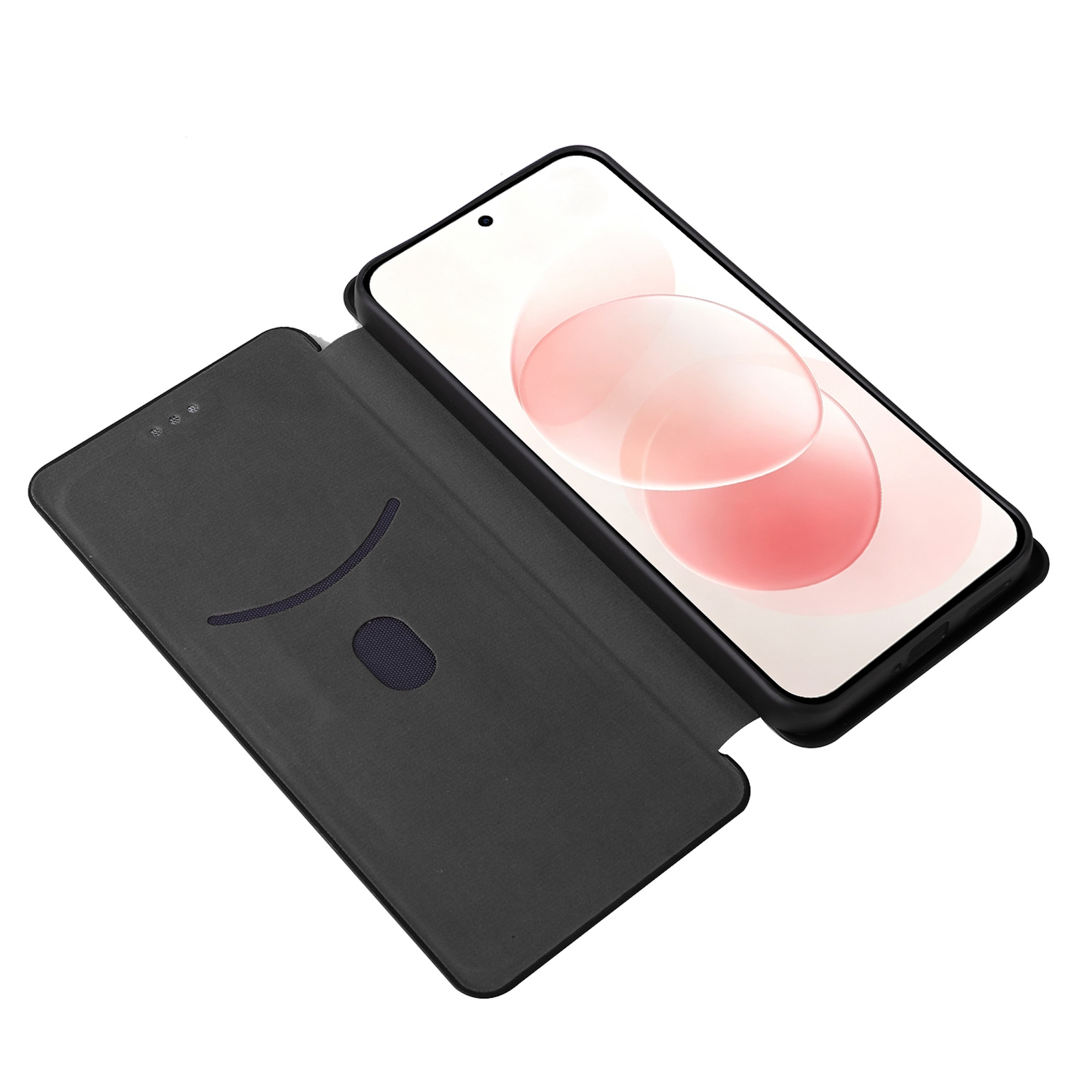 Ein Smartphone mit schwarzer Klapphülle zeigt ein weiß-rosafarbenes abstraktes Display auf weißem Hintergrund.
