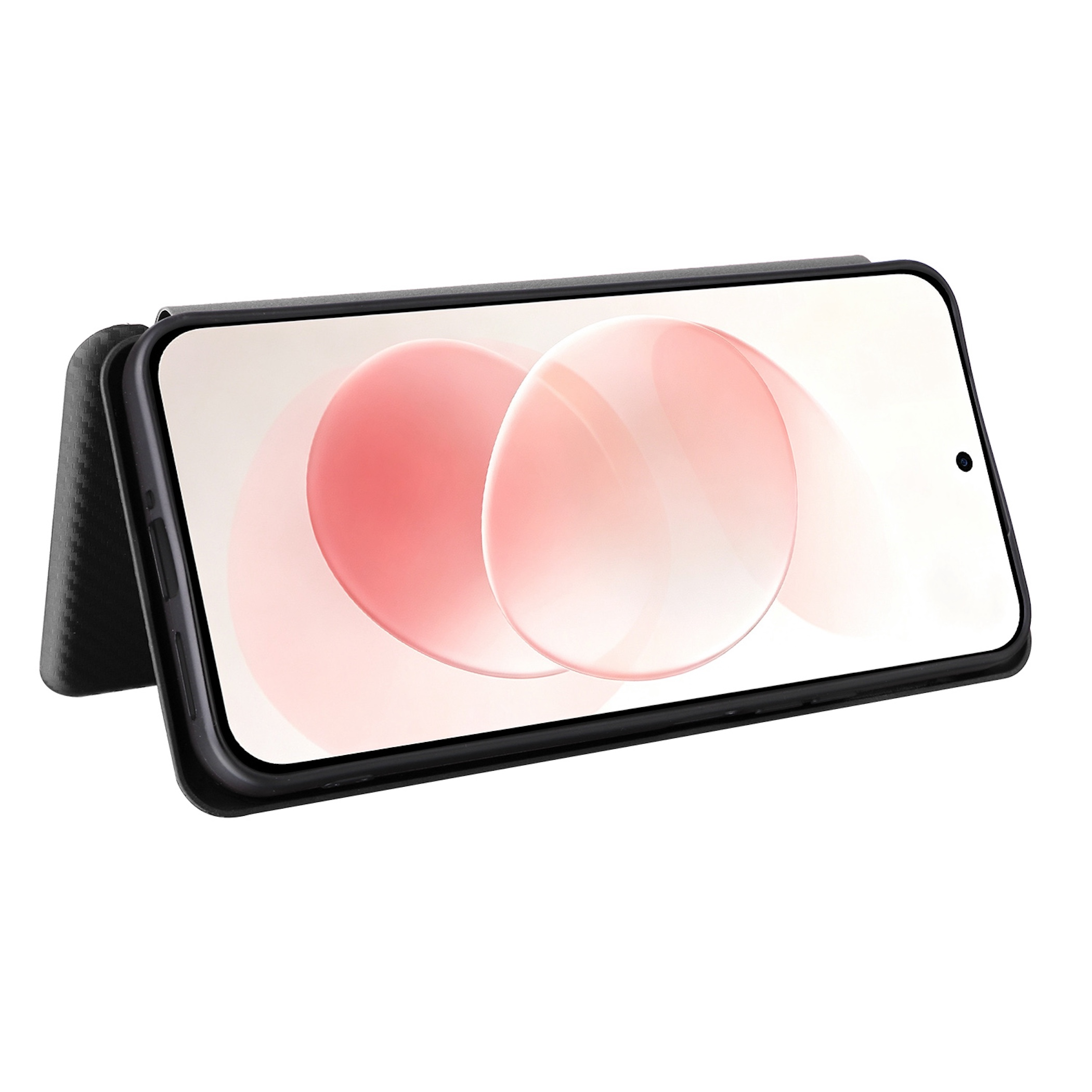 Ein Smartphone in schwarzer Hülle steht waagerecht und zeigt einen hellen Bildschirm mit rosa Kreisen.