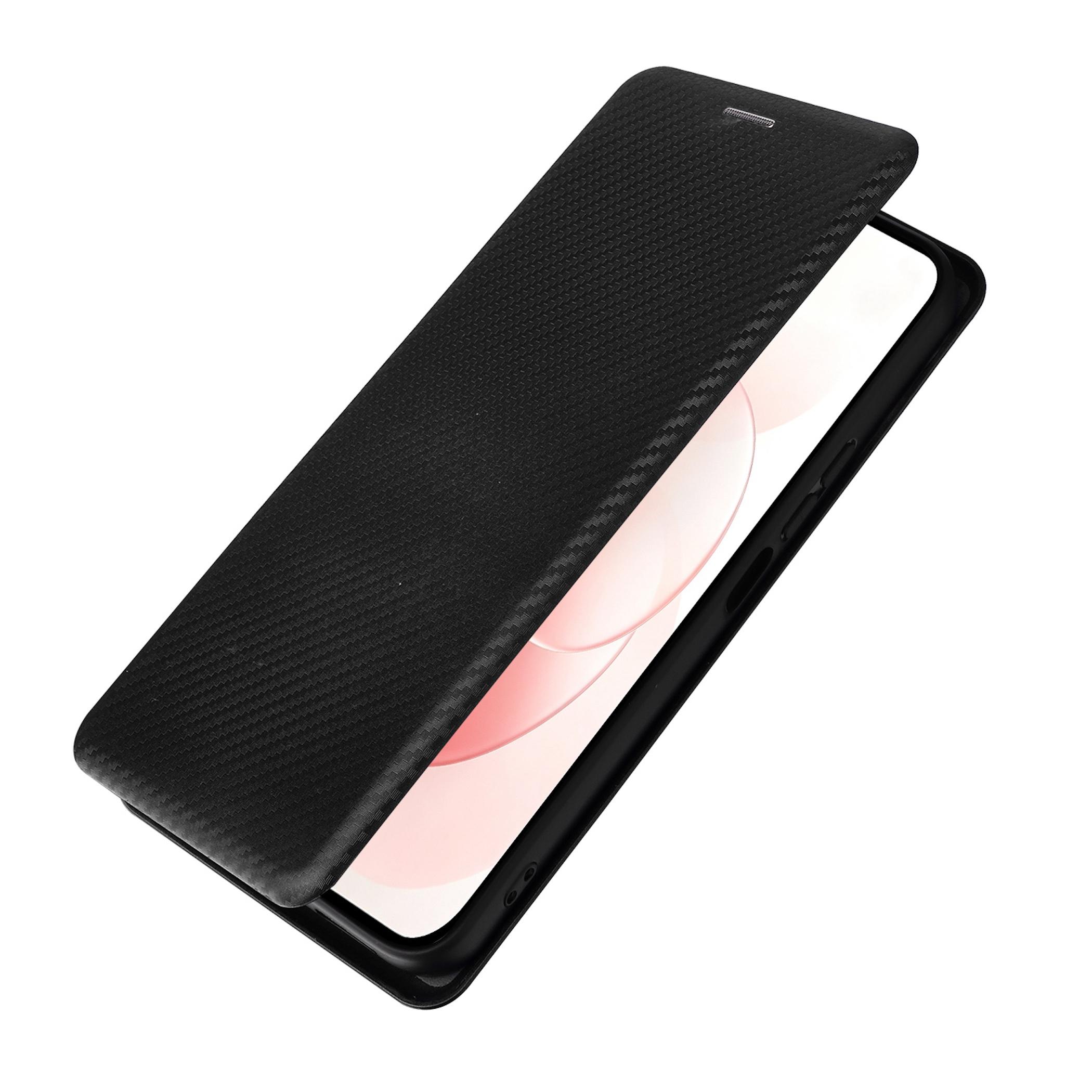 Ein Smartphone mit schwarzer Kohlefaser-Klapphülle auf weißem Hintergrund.