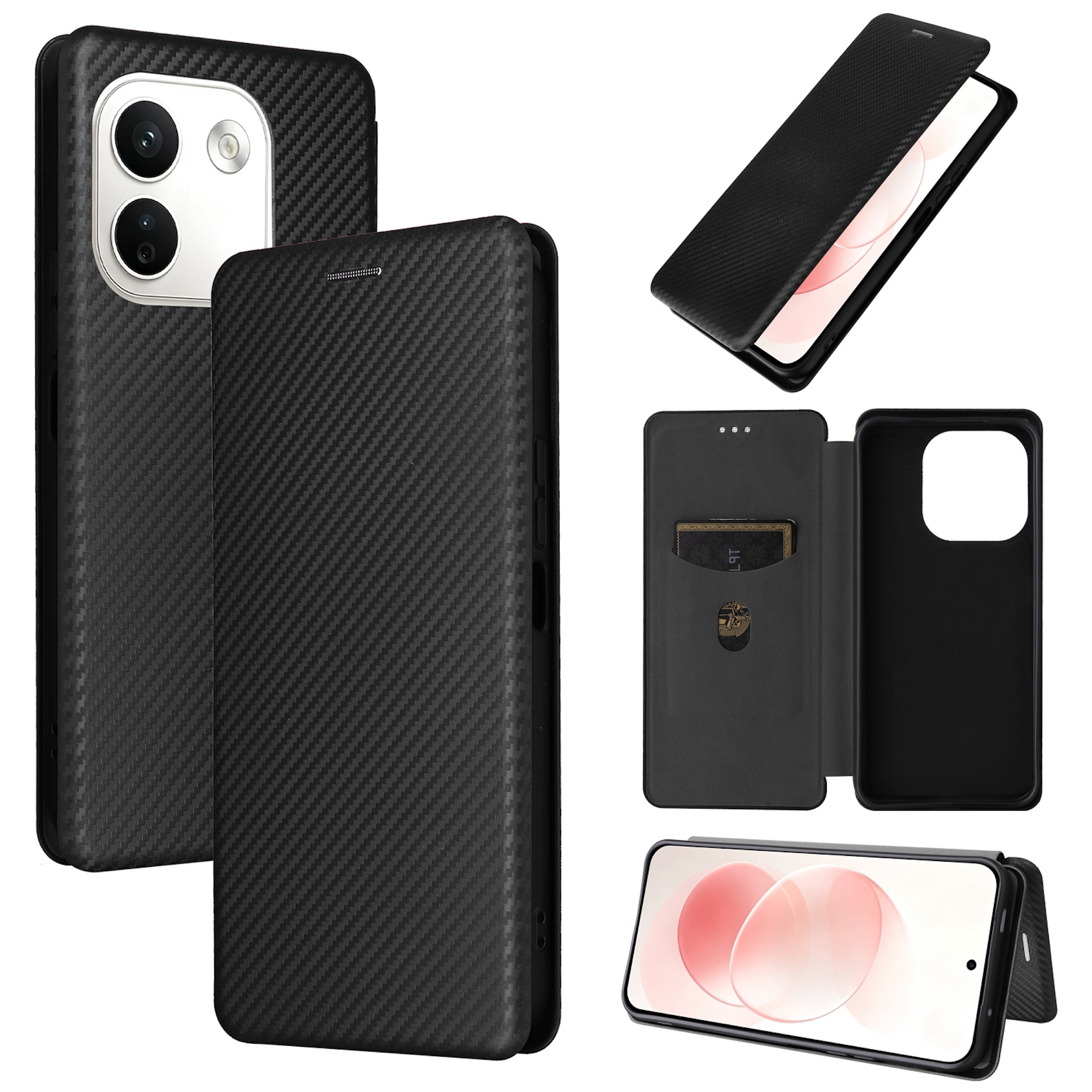 Schwarze Carbon-Schutzhülle für Smartphones mit Kartenfach und Ständer.