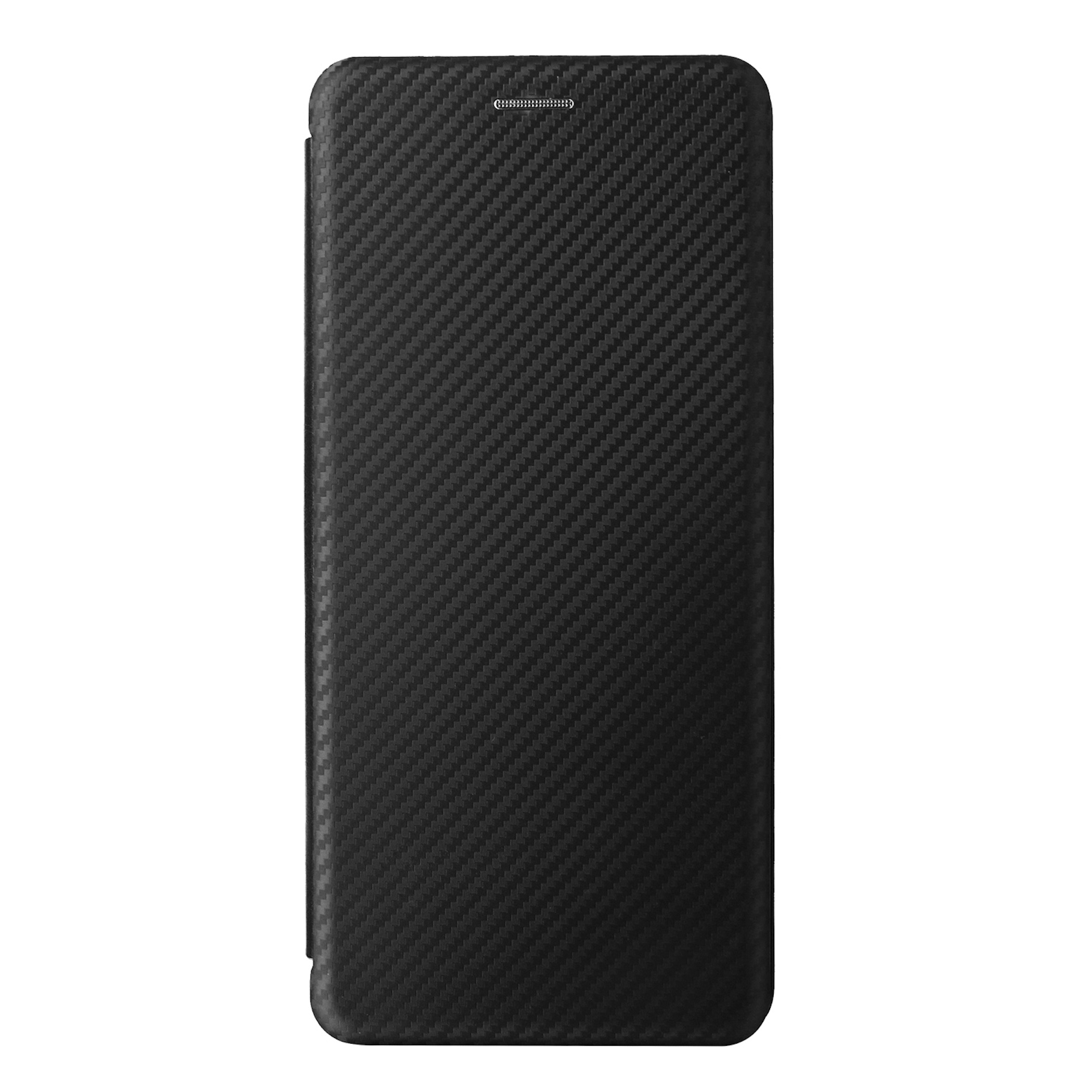 Eine geschlossene schwarze Smartphone-Hülle mit Kohlefasermuster auf weißem Hintergrund.