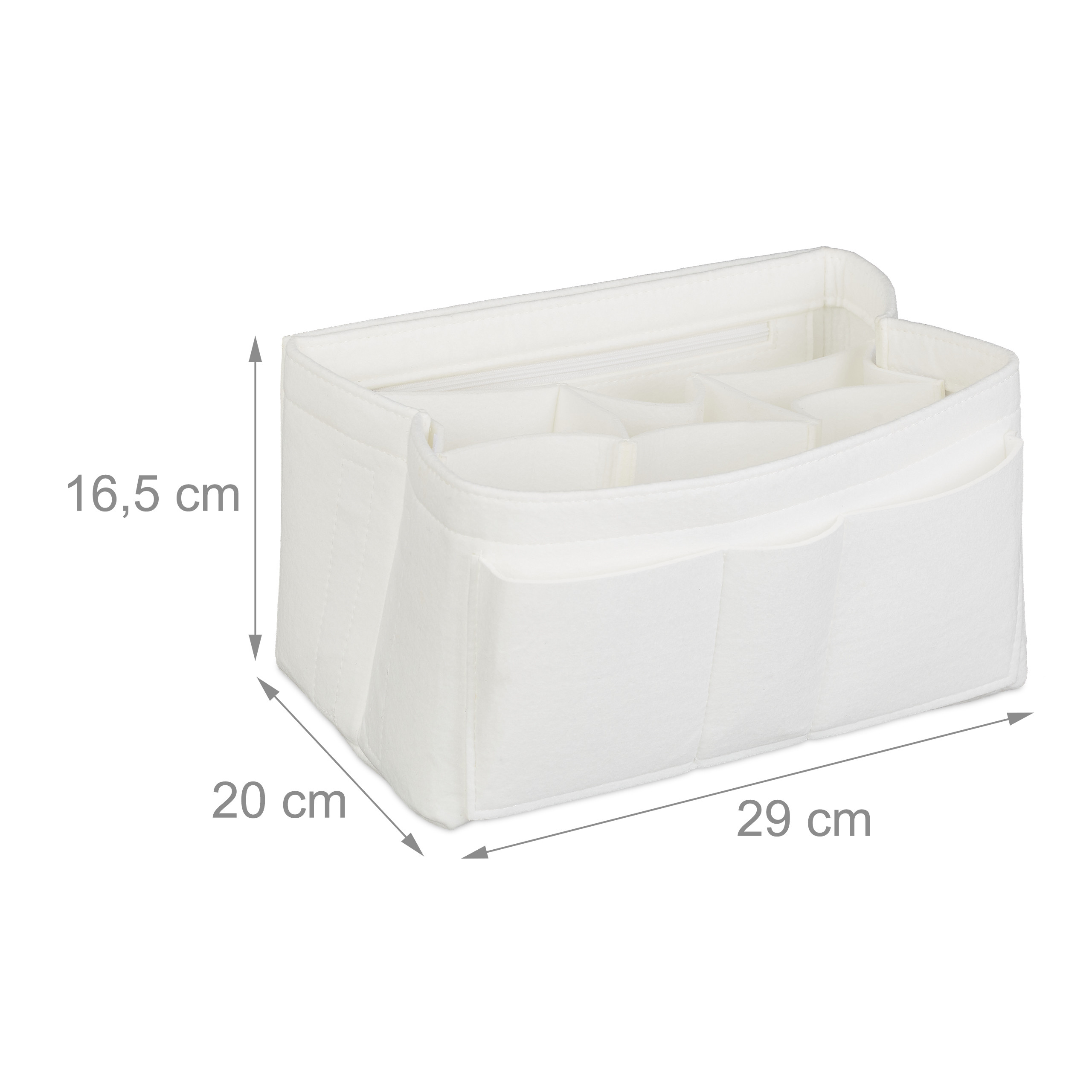 Weißer Filz-Handtaschen-Organizer mit Fächern, Maße 29x20x16,5 cm.
