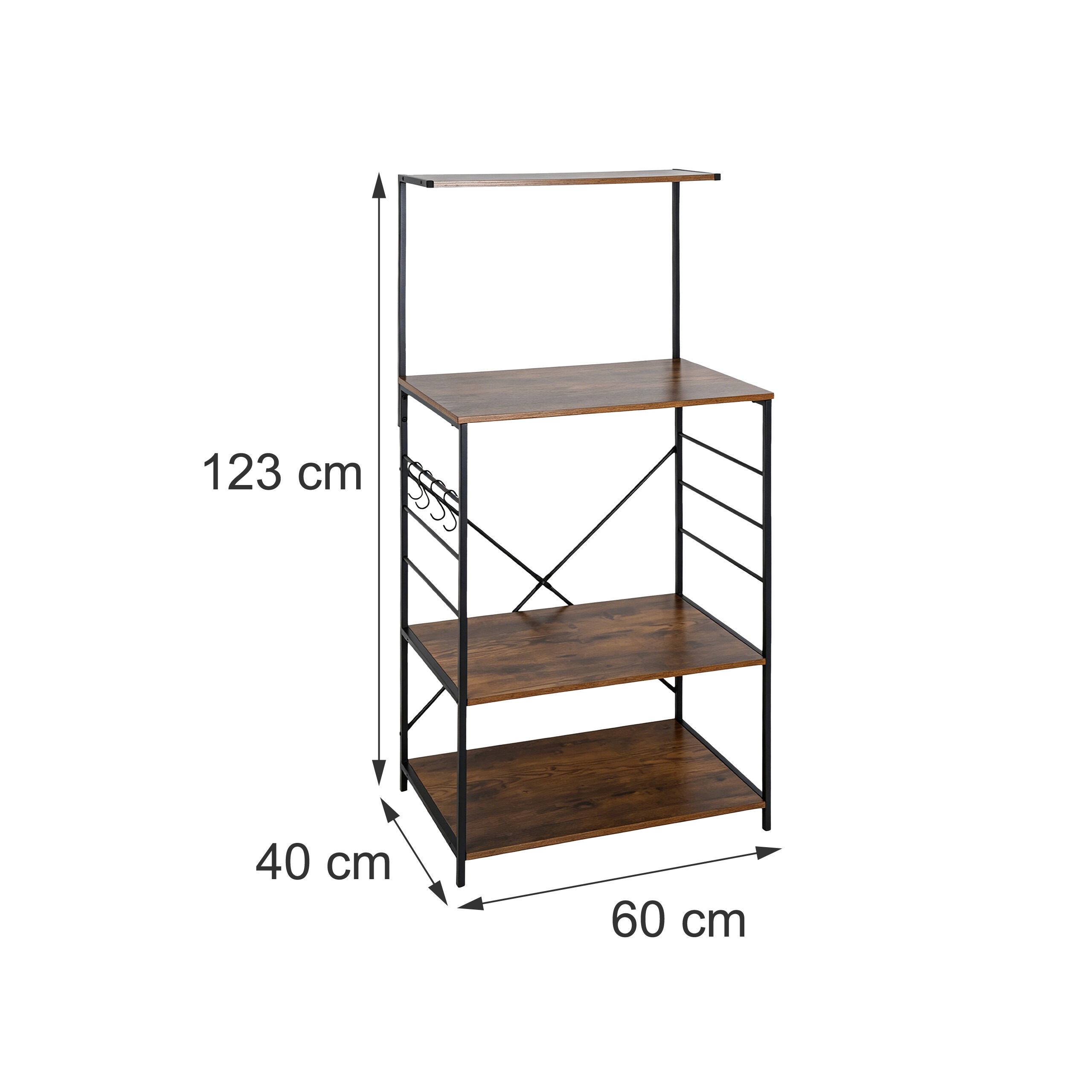 Industrielles Küchenregal aus Holz und Metall mit Maßen: 60 cm Breite, 40 cm Tiefe, 123 cm Höhe.
