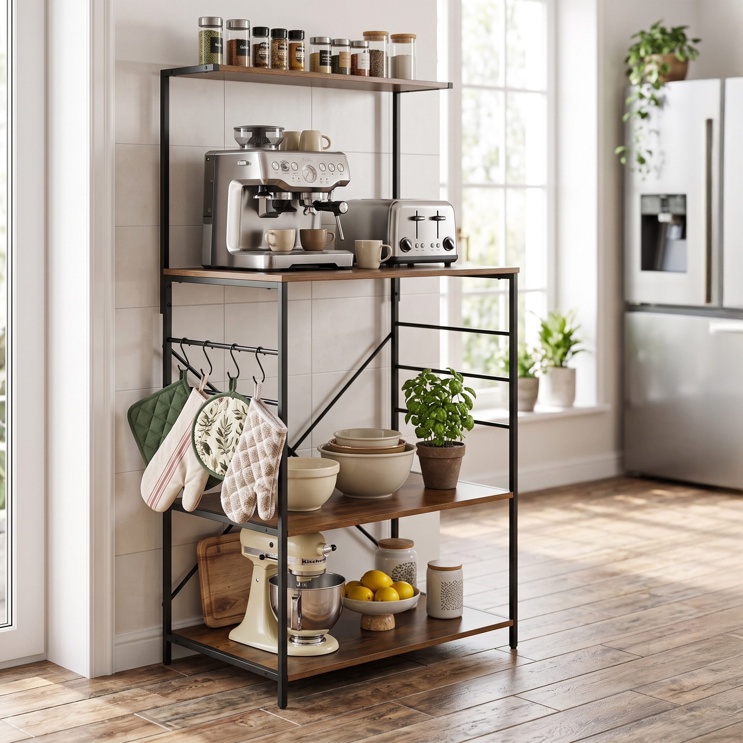 Ein Metall- und Holzregal in einer Küche hält Kaffeemaschine, Toaster, Gewürze, Schüsseln, Mixer und Küchenutensilien.
