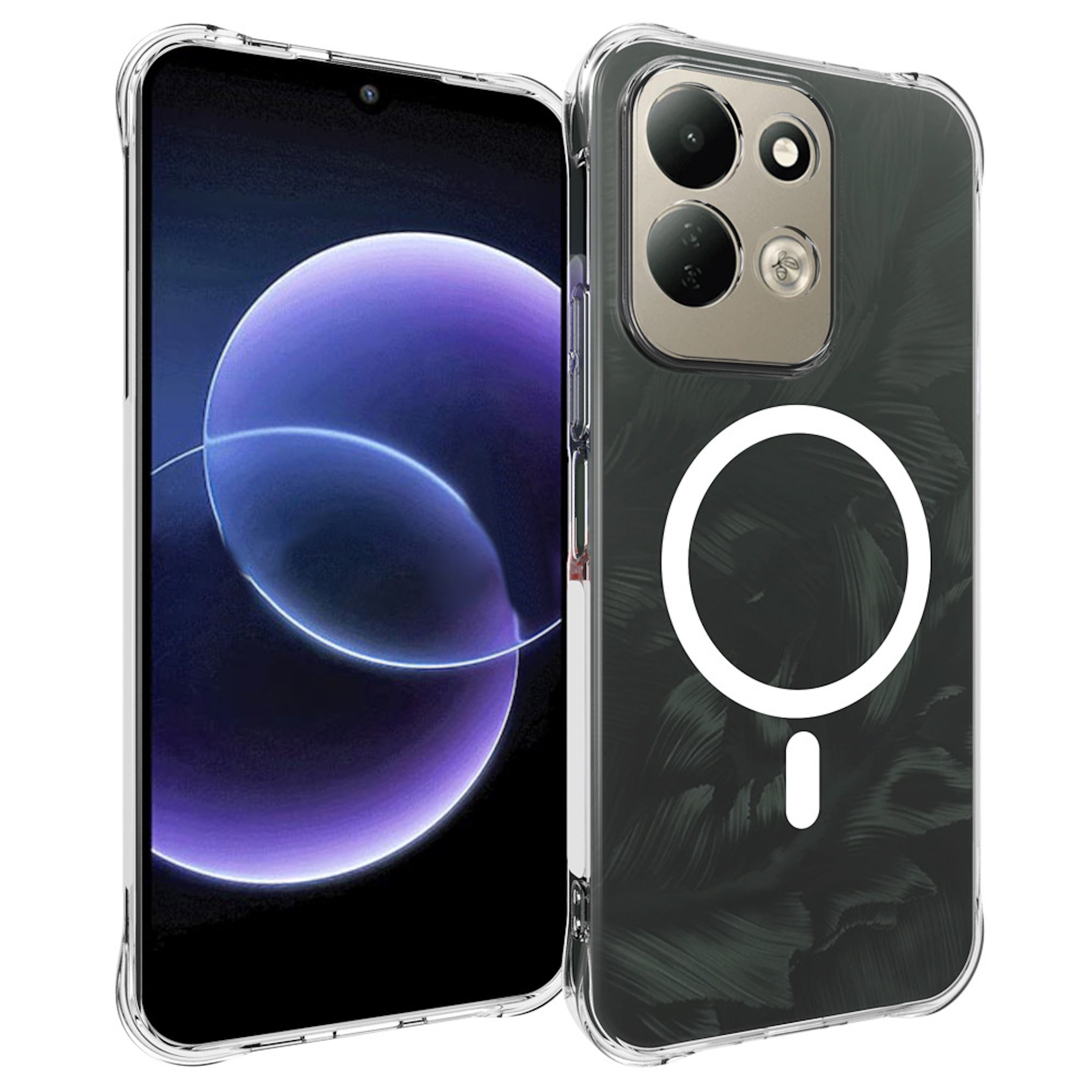 Smartphone in klarer Hülle mit MagSafe-Ring und dreifacher Kamera auf dunklem Hintergrund.