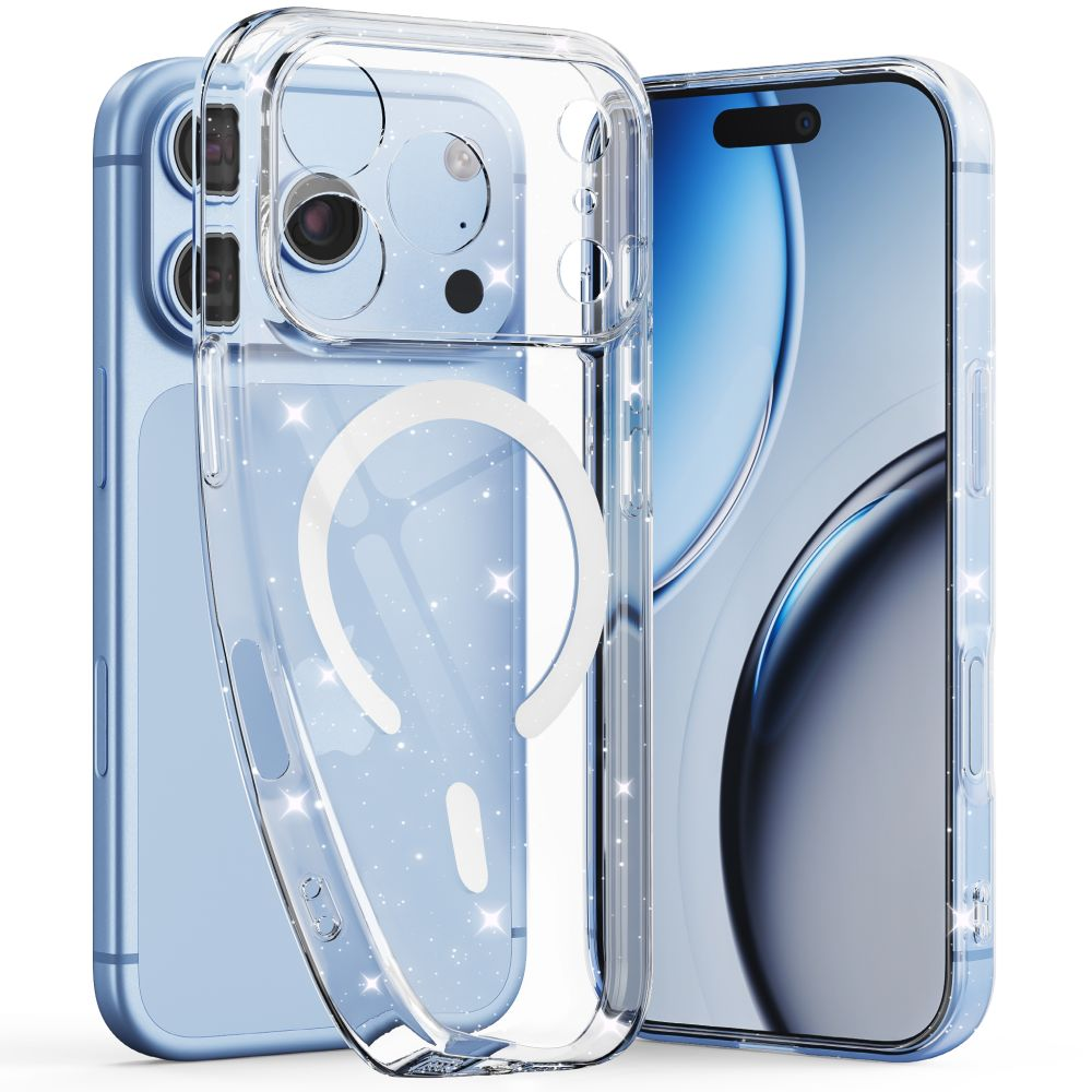 Blaue Smartphones mit einer klaren, glitzernden Schutzhülle und einem MagSafe-Ring auf der Rückseite.