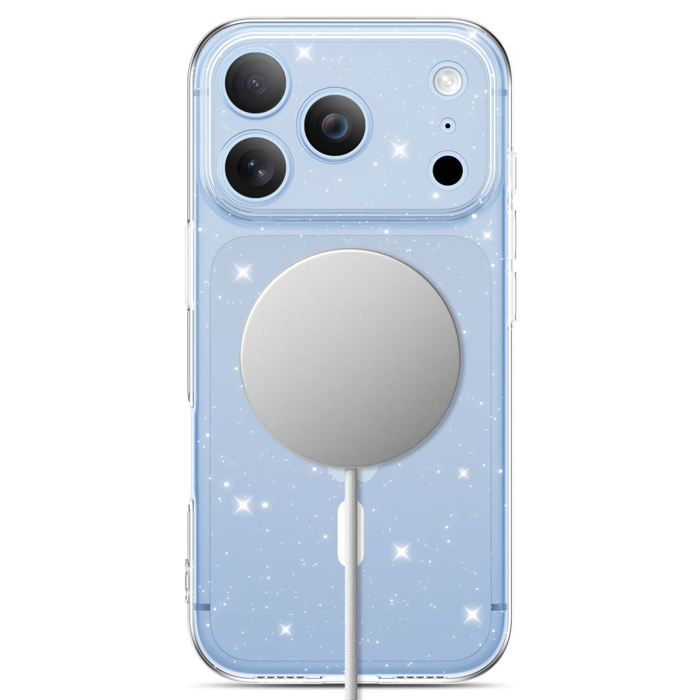 Glitzernde blaue Smartphone-Rückseite mit drei Kameralinsen und rundem MagSafe-Ladegerät.