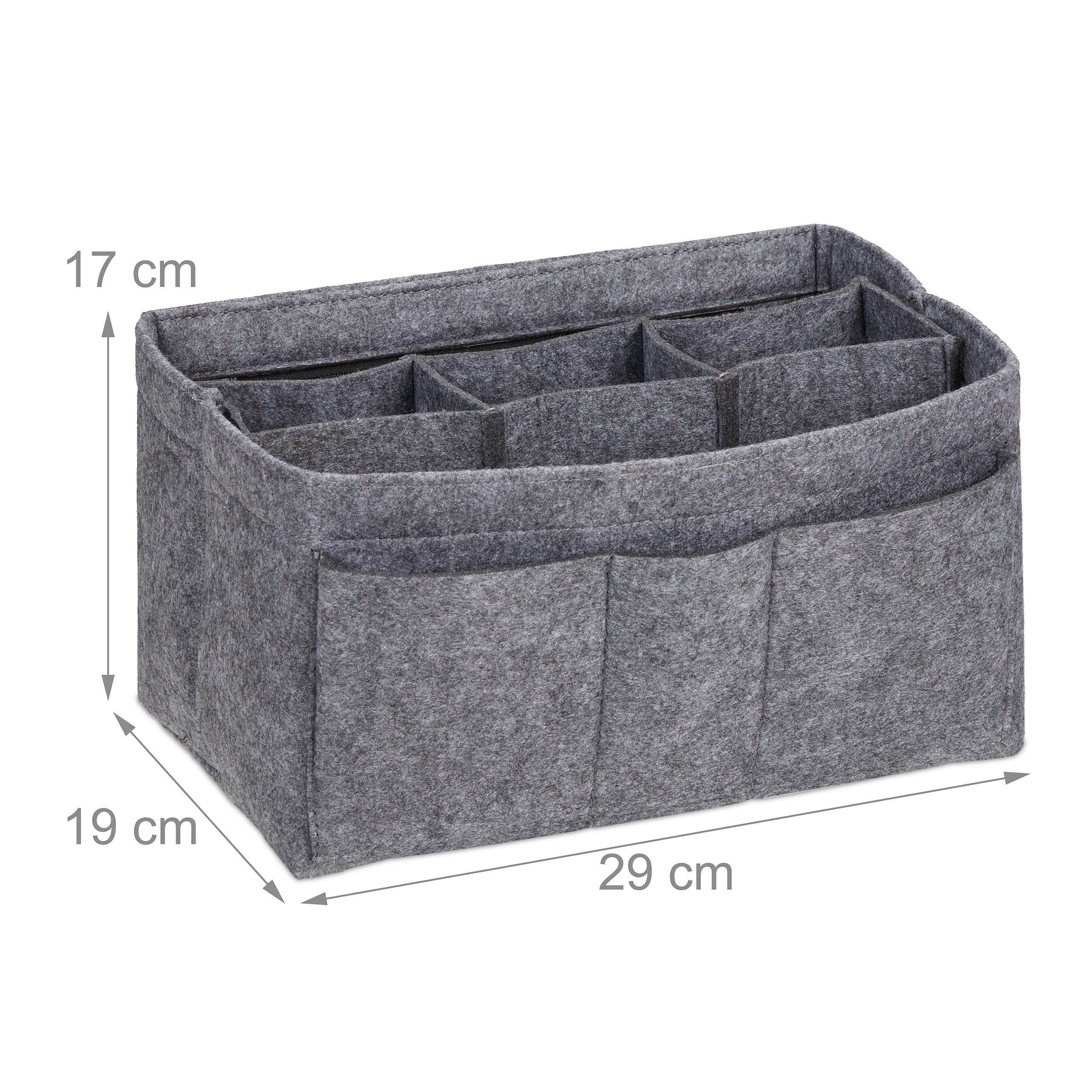 Grauer Filz-Taschenorganizer mit Fächern und Maßen 29x19x17 cm auf weißem Hintergrund.