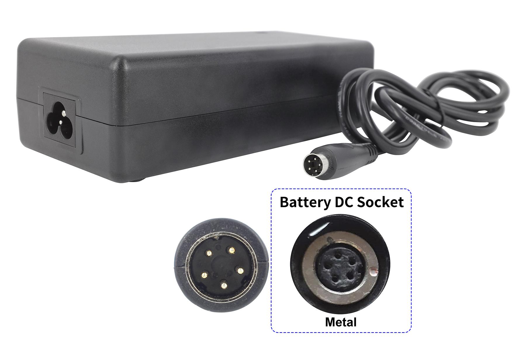 Schwarzer Netzadapter mit Kabel und vergrößerten Ansichten der Batteriestrom-Buchse.