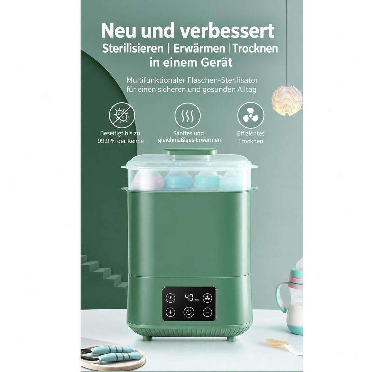 Grüner Multifunktions-Flaschensterilisator mit digitalem Display, Wärme- und Trockenfunktion vor grünem Hintergrund.