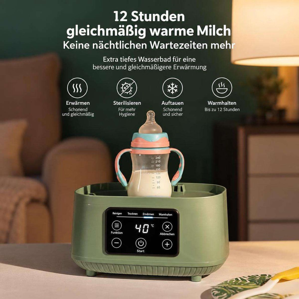 Ein grüner Flaschenwärmer mit digitalem Display und Babyflasche im Wohnzimmer.
