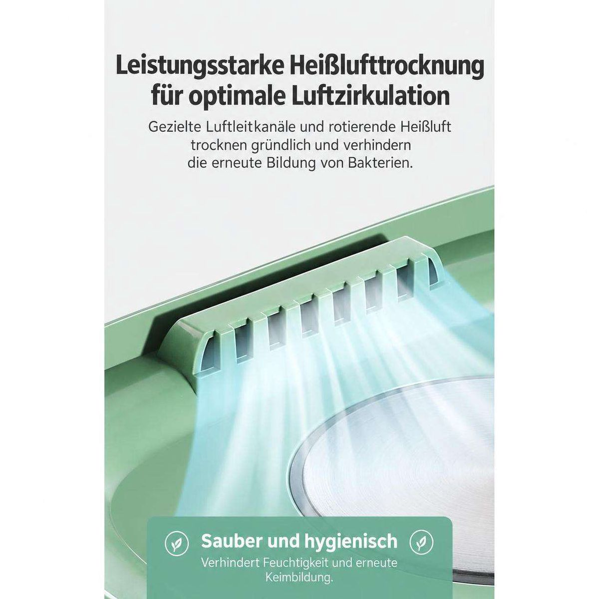 Grünes Gerät mit Luftschlitzen und deutschem Text über Heißlufttrocknung.