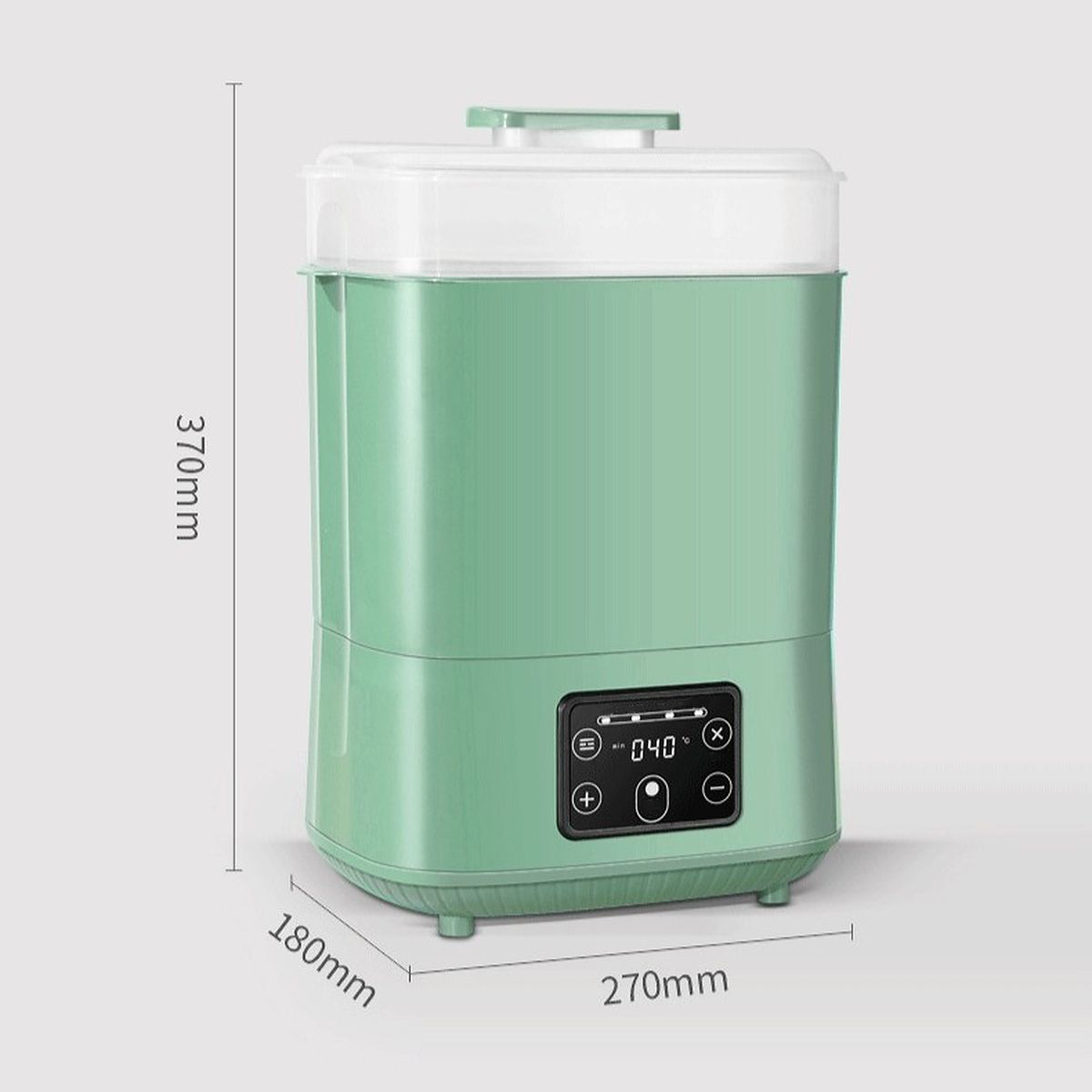 Grüner elektrischer Dampfsterilisator mit digitalem Display und Maßangaben in Millimetern auf hellem Hintergrund.