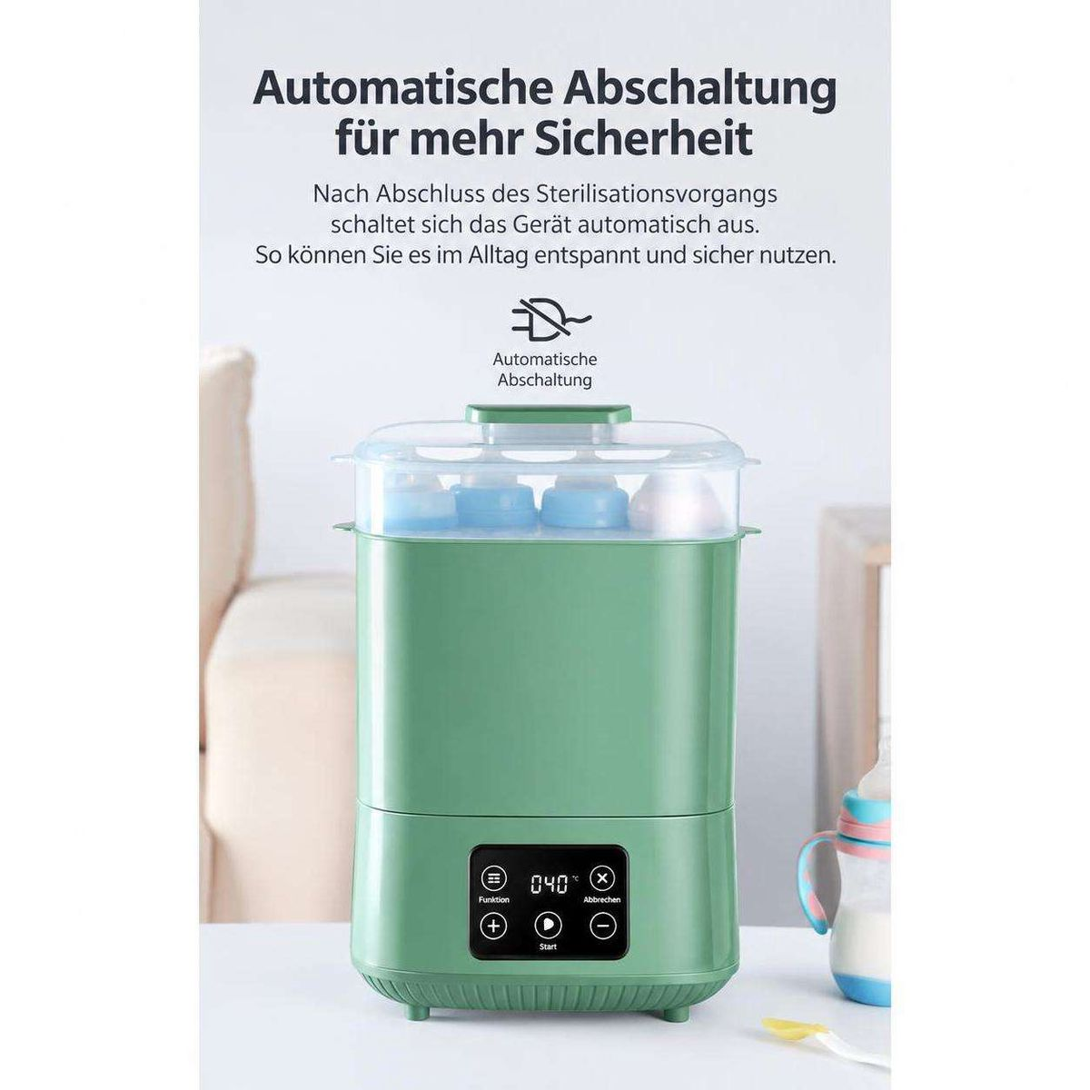 Grüner elektrischer Dampfsterilisator mit digitalem Display auf einem Tisch vor einem hellen Hintergrund.