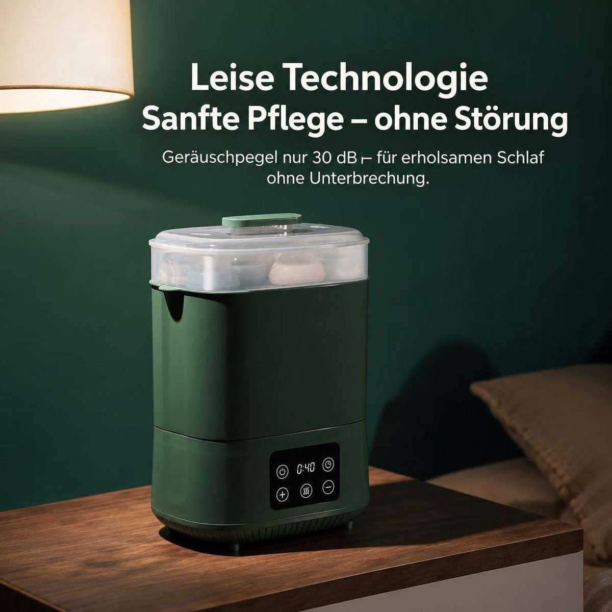 Ein grünes Gerät auf einem Holztisch in einem Schlafzimmer mit deutscher Textwerbung.