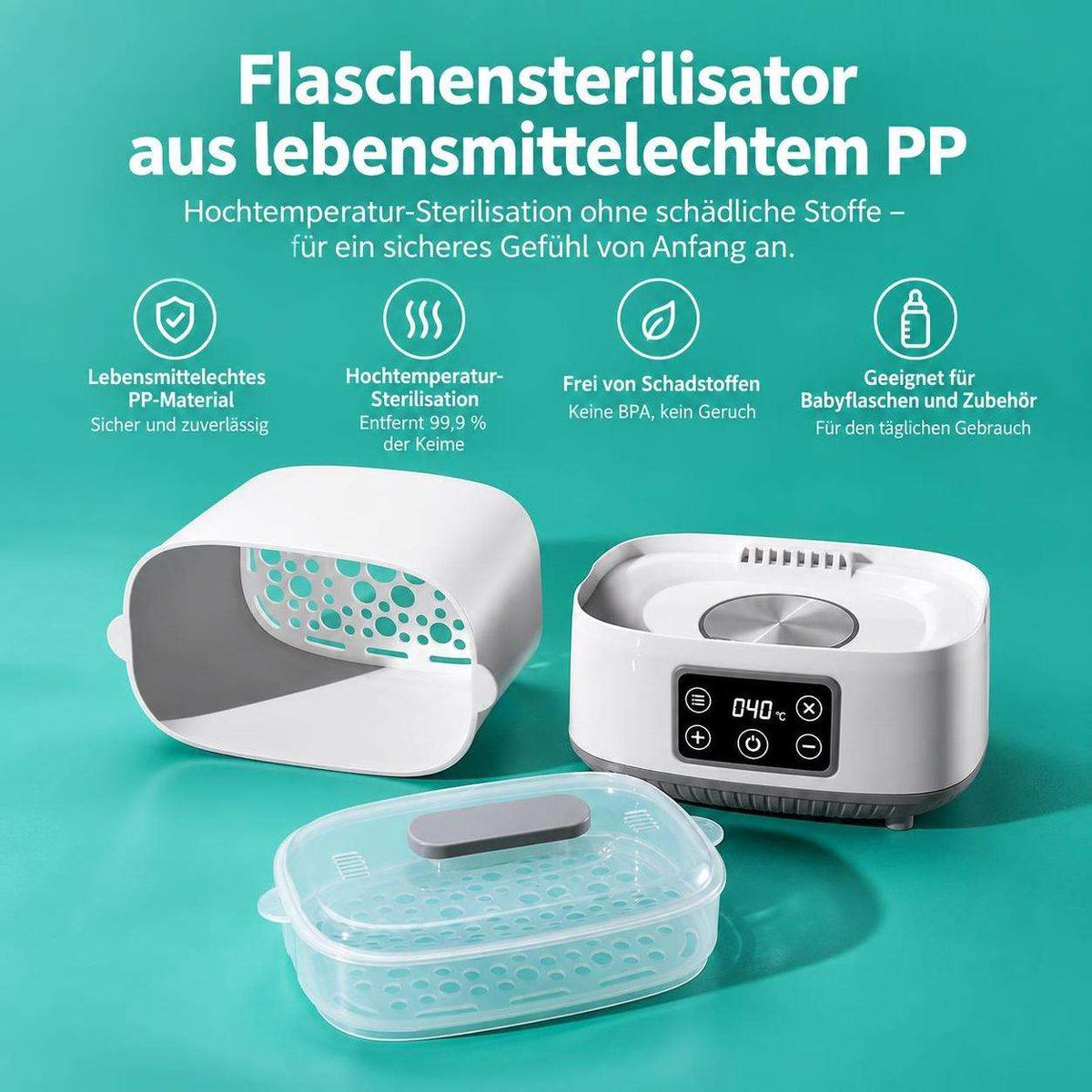 Ein weißer Flaschensterilisator mit digitalem Display und Zubehör auf grünem Hintergrund.