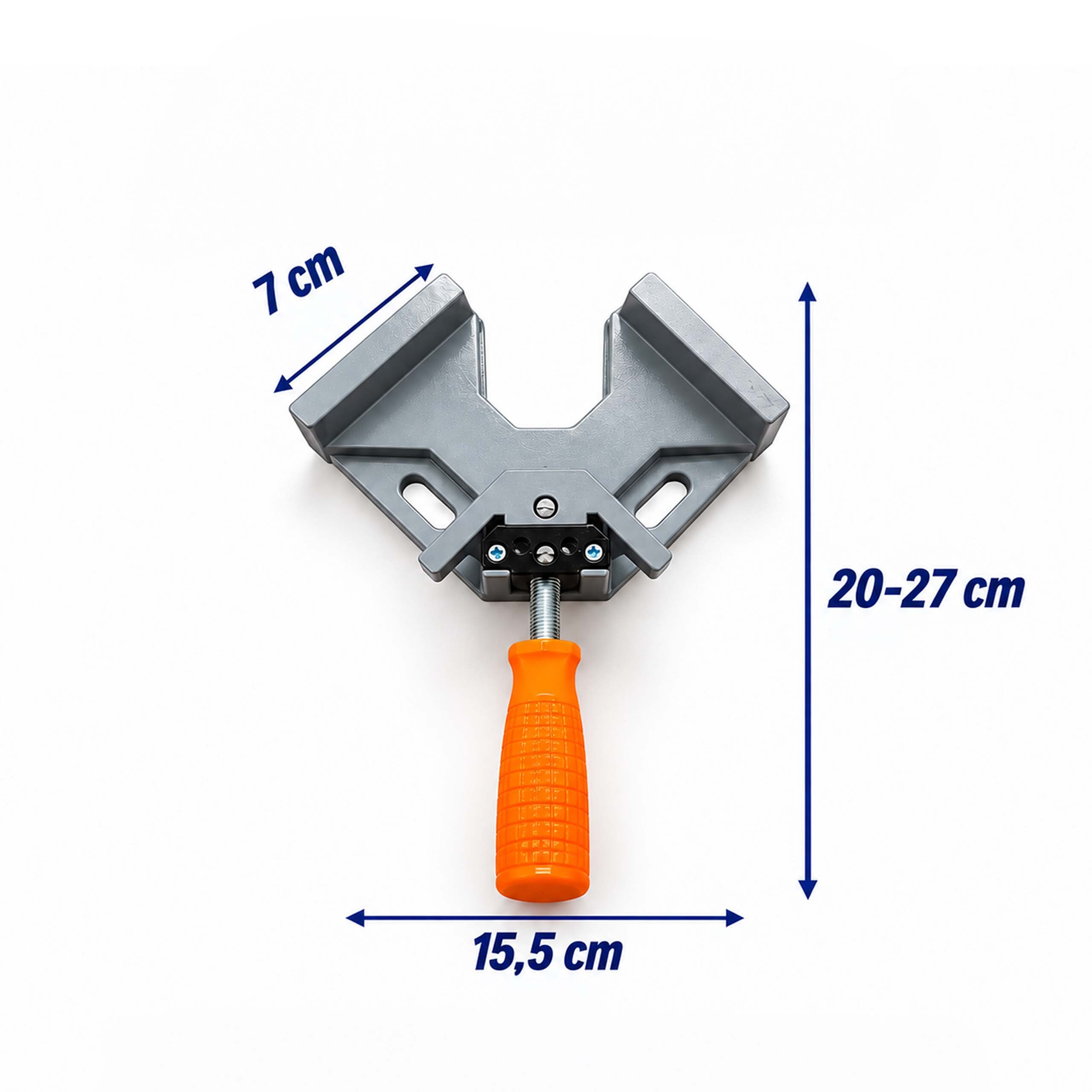 Graue Eckerklammer mit orangefarbenem Griff und blauen Maßangaben auf weißem Hintergrund.
